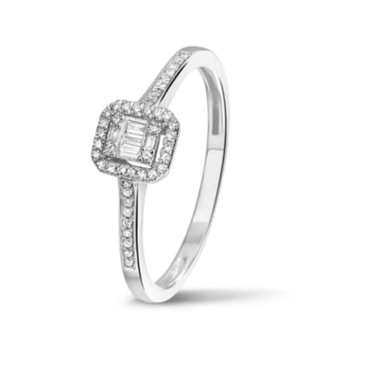 Gouden entourage ring, 14krt witgoud, met baguette en briljant geslepen diamant