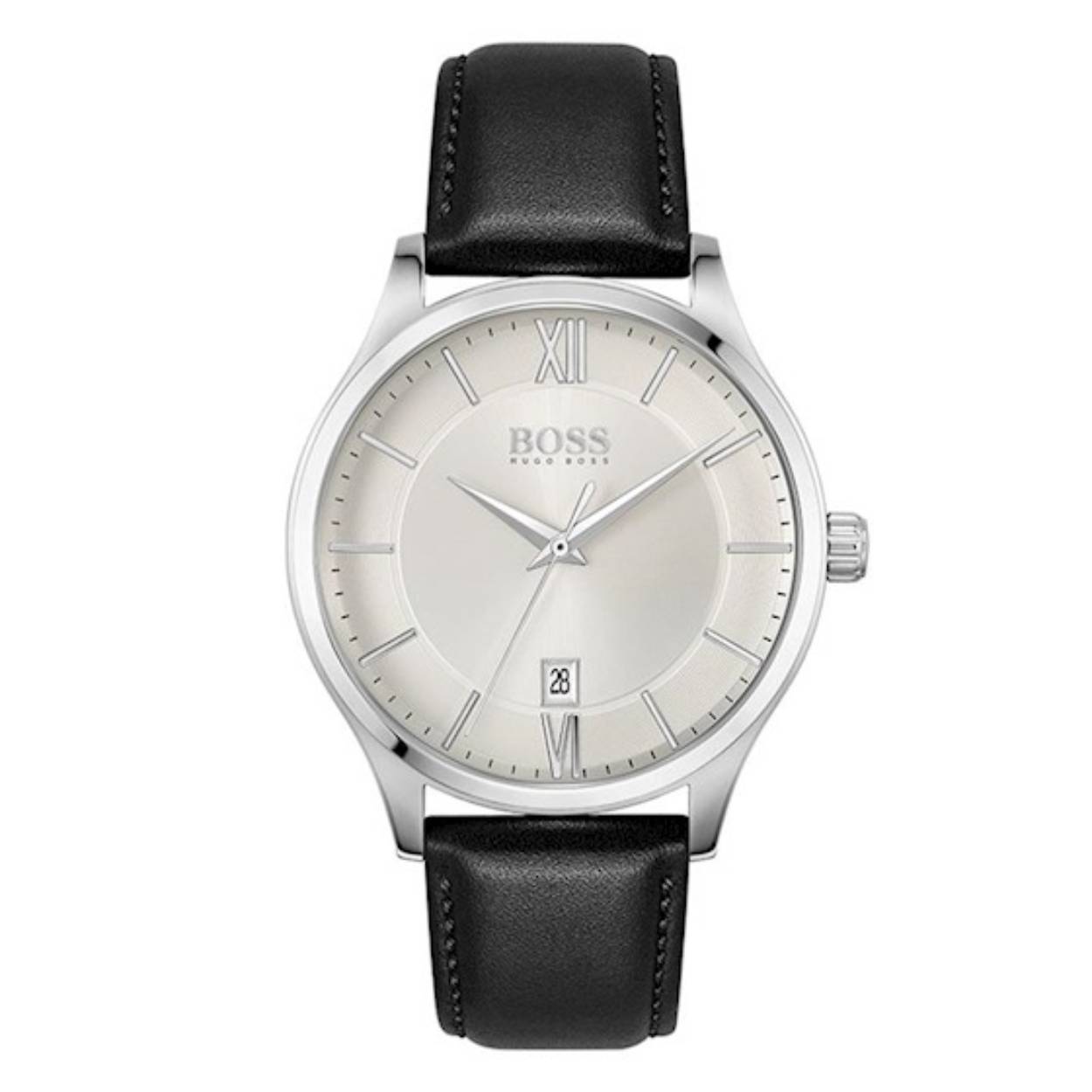 Hugo Boss ELITE 41mm. Het horloge heeft een zwart leren band, mineraal glas en een quartz werk. De waterdichtheid is tot 5 atm.