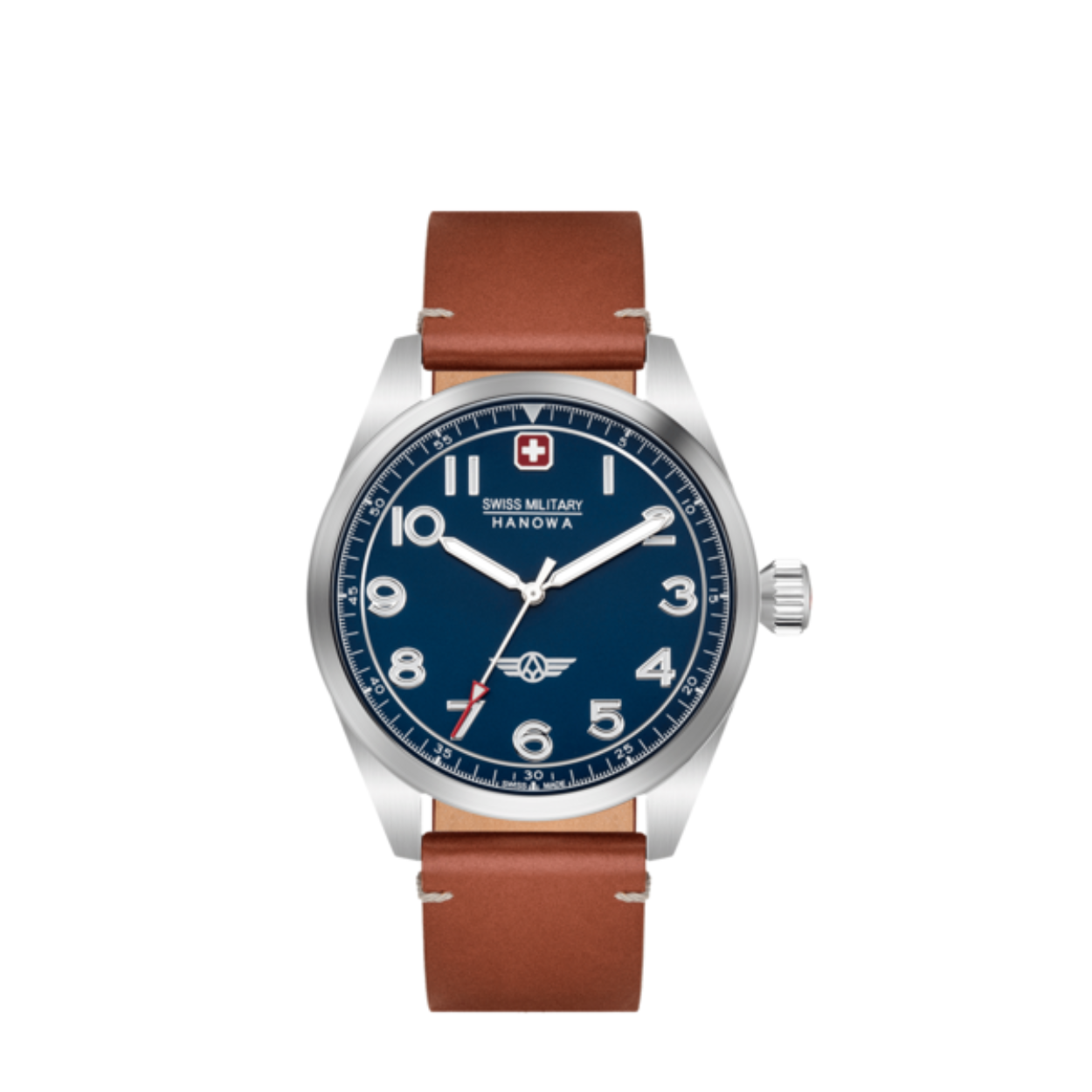 heren horloge Swiss Military Hanowa Falcon, edelstalen kast, saffier glas, 10 ATM waterdicht, blauwe wijzerplaat en bruine lerenband