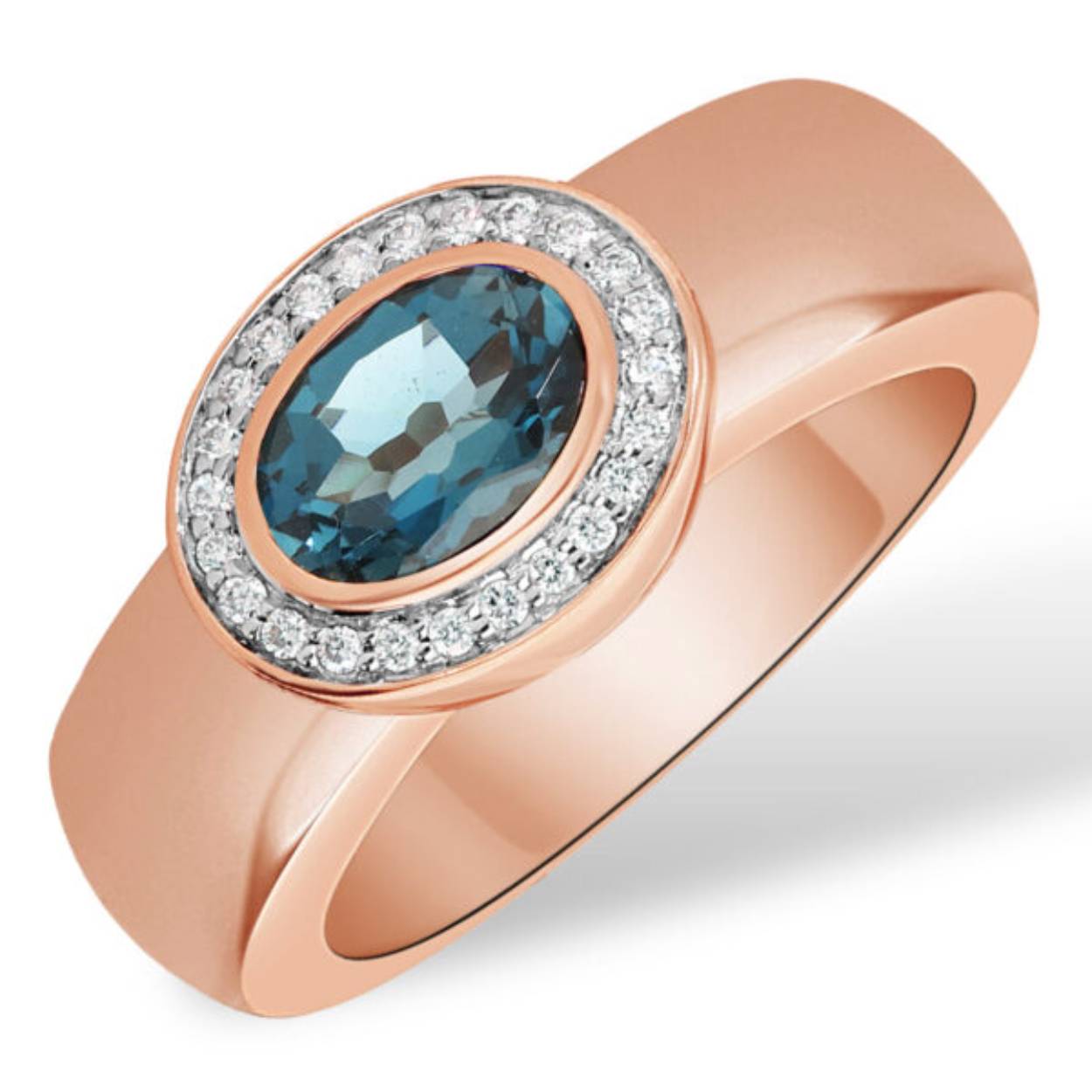 14krt ros&eacute; gouden ring  24-0.09 GSI en 1-1.05 london blue topaas