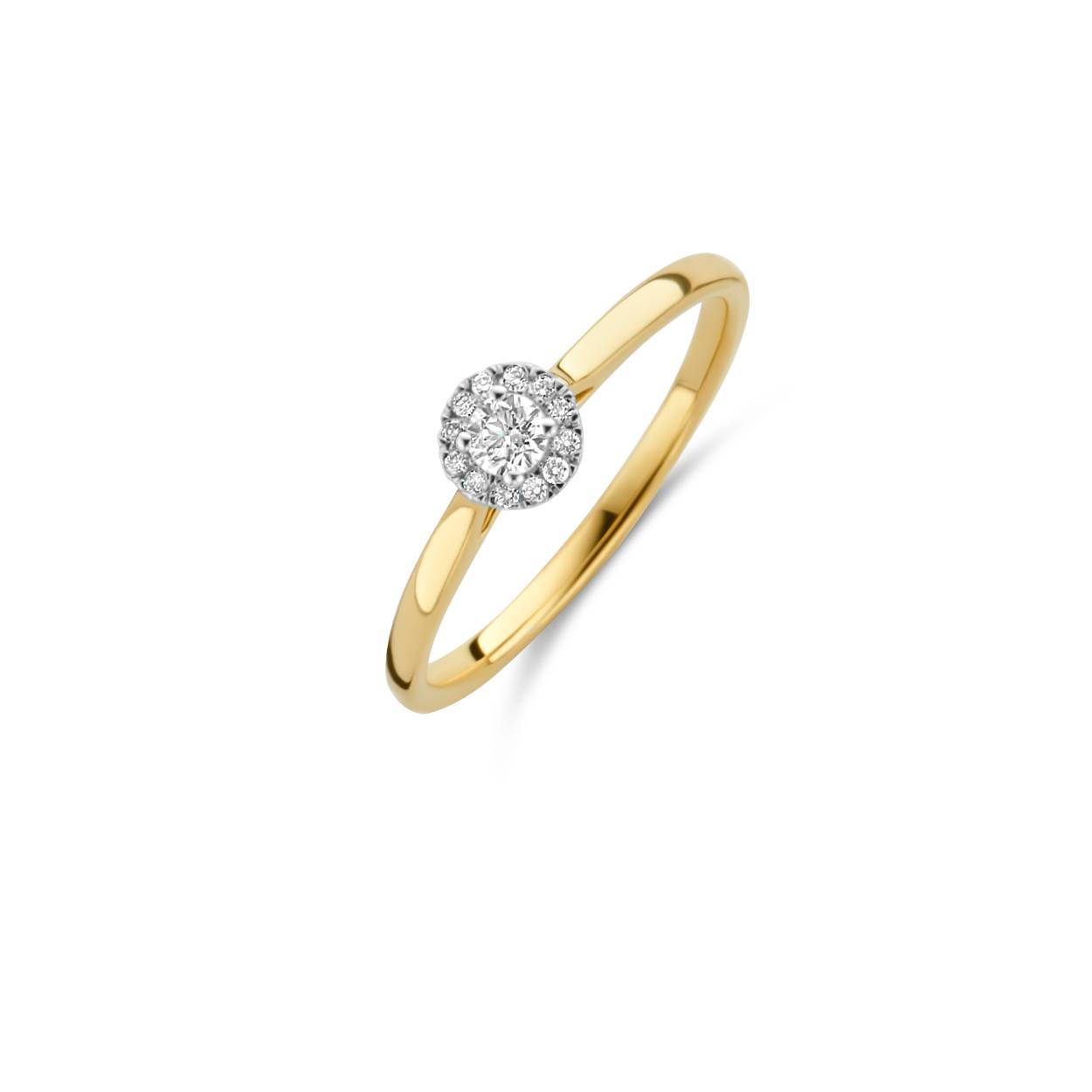 Bicolor geel en witgouden ring rozet 0.15ct briljant.