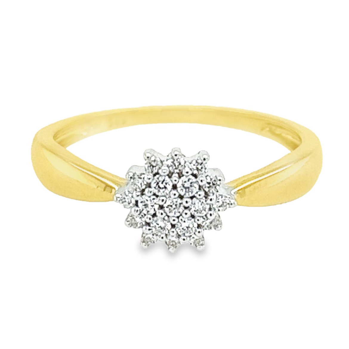 Deze geel gouden entourage ring heeft een werkelijk schitterende uitstraling. De meerdere briljant geslepen diamanten zorgen voor deze prachtige schittering. Het totaal karaat gewicht is 0,12 en de briljanten zijn van mooie kwaliteit met zuiverheid SI1. De zetpoten zijn van bovenaf witgoud van kleur waardoor de briljant schittering extra mooi wit van kleur is.