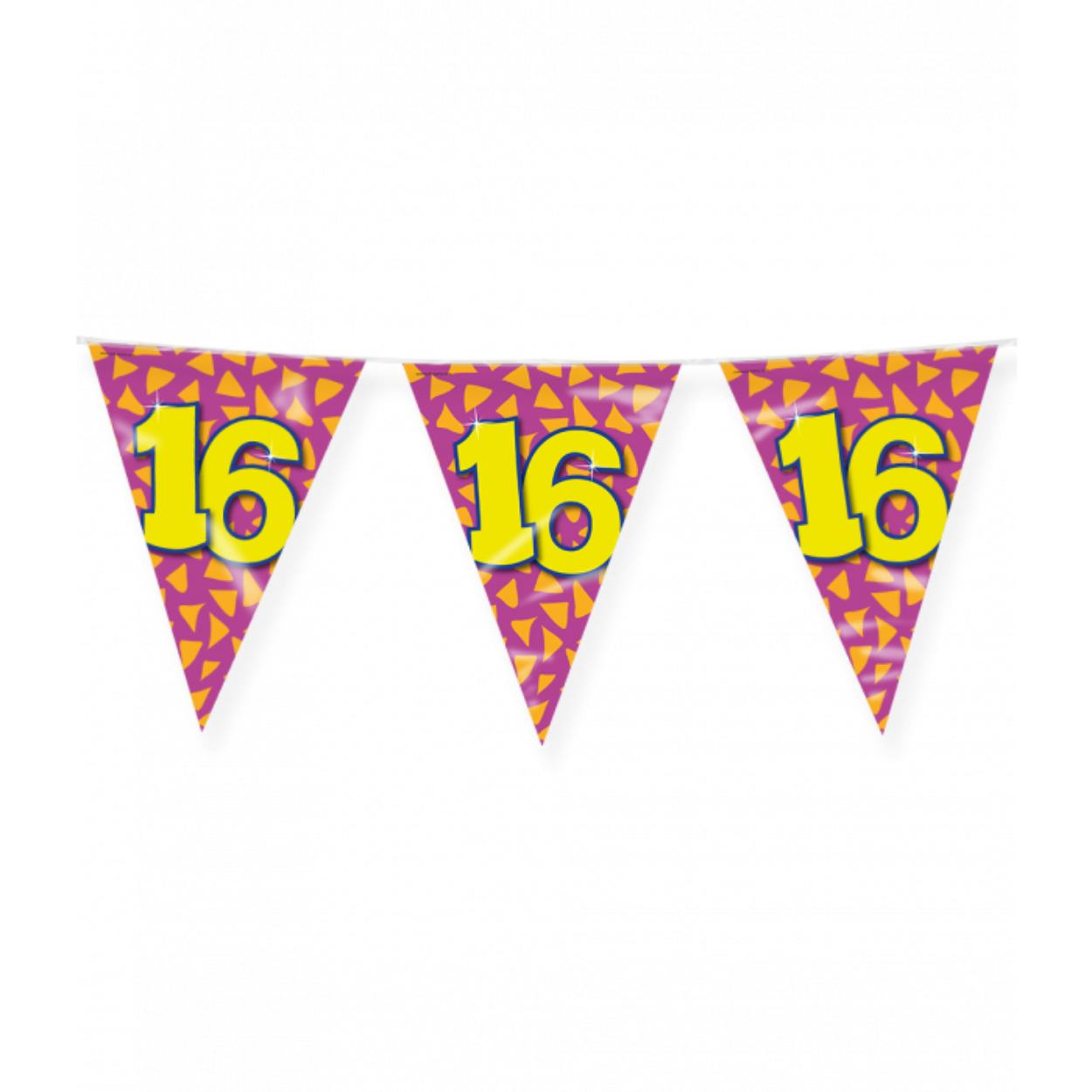 De Happy party flags 16 zijn de ideale versiering op de verjaardag van een 16-jarige. Door de vrolijke kleuren vallen deze party vlaggen dan ook extra goed op! De aan beide kanten bedrukte vlaggetjes zijn gemaakt van folie, hebben een lengte van 10 meter.