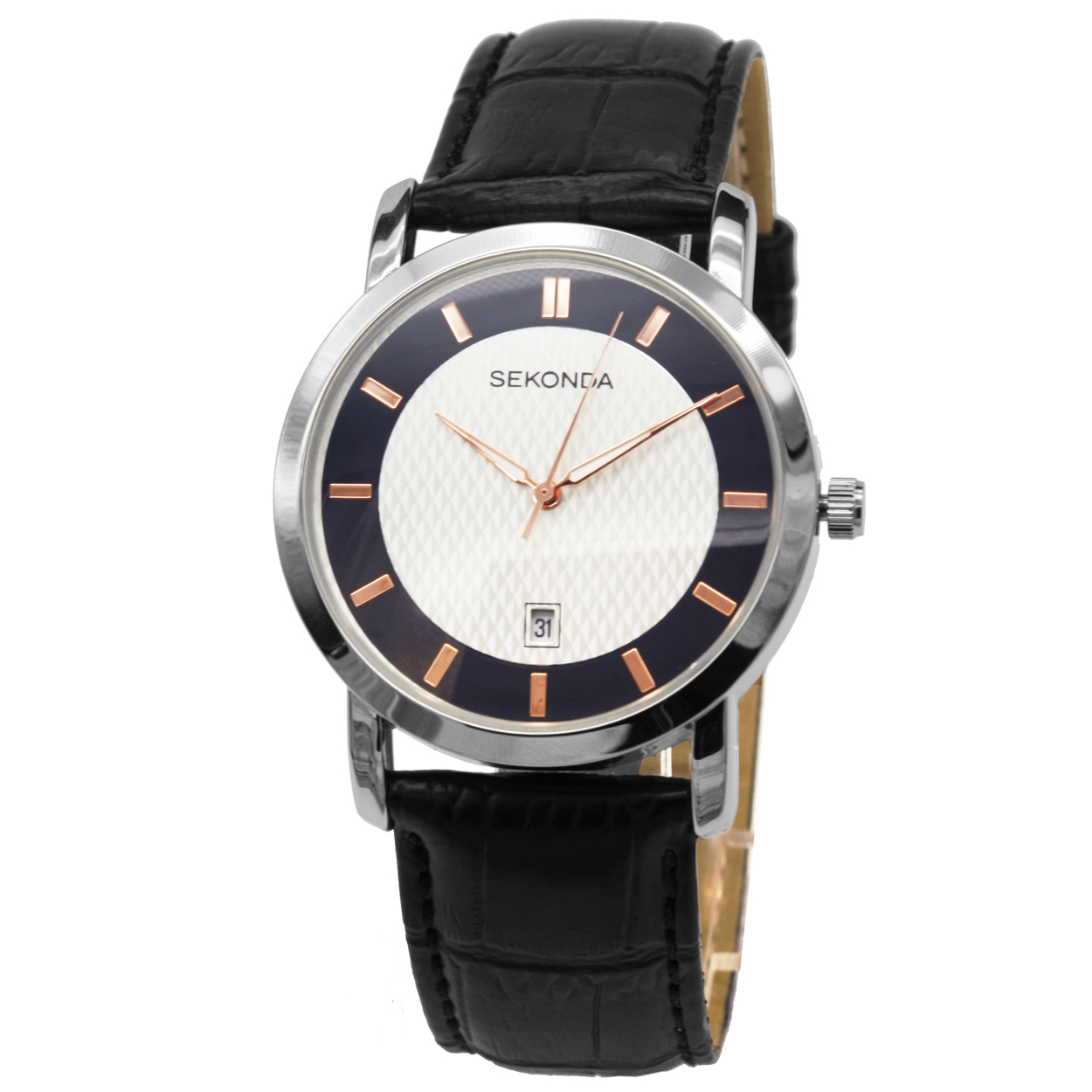 Sekonda heren horloge.
– Kast maat: 40 mm
– Uurwerk type: Japans uurwerk met datum
– Kast materiaal: Staal
– Kast dikte: 11 mm
– Glas: Mineraal
– Waterdicht: 0 ATM
– Breedte band: 22 mm
– Horlogeband: Zwart leren topping met gesp
– Licht functie: Glow in the dark wijzers
– Wijzerplaat: Wit en zwart met roségoudkleurige aanduiding
– Wijzers: Roségoudkleurig