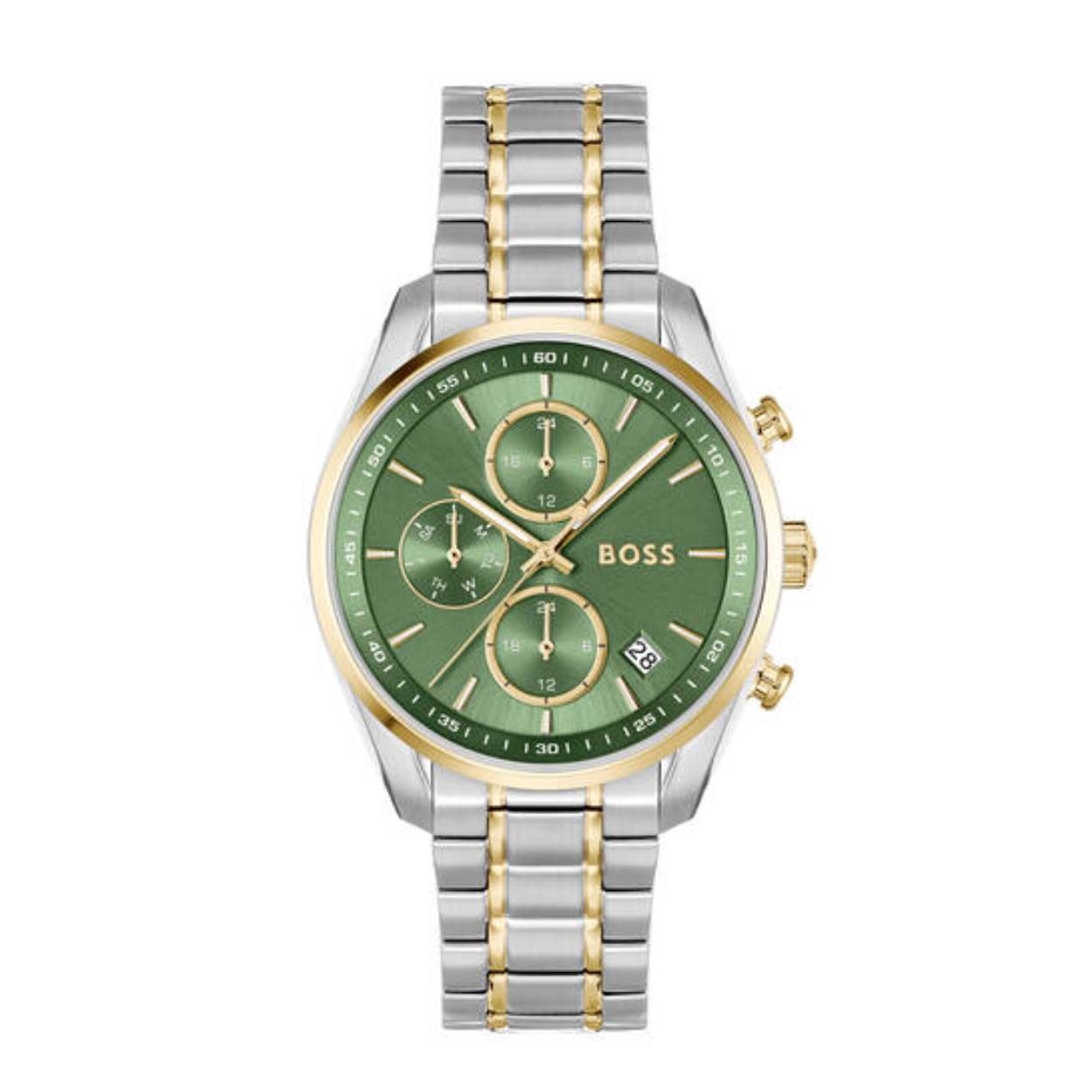 BOSS HB1502766 GRAND TOUR LADIES Dameshorloge 38mm 
Dit BOSS horloge uit de GRAND TOUR LADIES serie met artikelnr: HB1502766 heeft een luxe sportieve uitstraling. Zeer geschikt voor de moderne stijlvolle vrouw van nu. Het dameshorloge valt op door zijn stalen horlogekast met een gladde goudkleurige bezel en een groene sunray wijzerplaat met een dag, datum en 24-uursaanduiding. Opvallend zijn de fijne wijzers. Aan de kast zit een stalen mat glanzende bicolor schakelband met een vouwsluiting. Het horloge heeft een doorsnee van 38mm met een mineraalglas en is 3ATM. 

HET MERK:
HUGO BOSS is afgestemd op levensstijlen waar het gaat om kwaliteit en precisie. Het wereldwijde fashionlabel is verdeeld in twee merken: BOSS en HUGO. Het merk BOSS biedt geavanceerde, moderne horloges gericht op kwaliteit en design om een onberispelijke look te creëren – of het nu zakelijk, casual of sportief is. De horloge collectie van BOSS is perfect afgestemd op levensstijlen waar het gaat om kwaliteit en precisie. BOSS is op maat gemaakt in een onberispelijke stijl.

Blijf stijlvol bij de tijd. Voor de BOSS-vrouw is stijl het handelsmerk en draait alles om
details. Breng uw look naar een hoger niveau met onze nieuwe en kenmerkende horlogecollectie.

SPECIFICATIES:
- Mineraalglas
- Ronde kastvorm, Ø 38mm
- Stalen horlogekast
- Groene wijzerplaat
- Stalen schakelband
- 3ATM