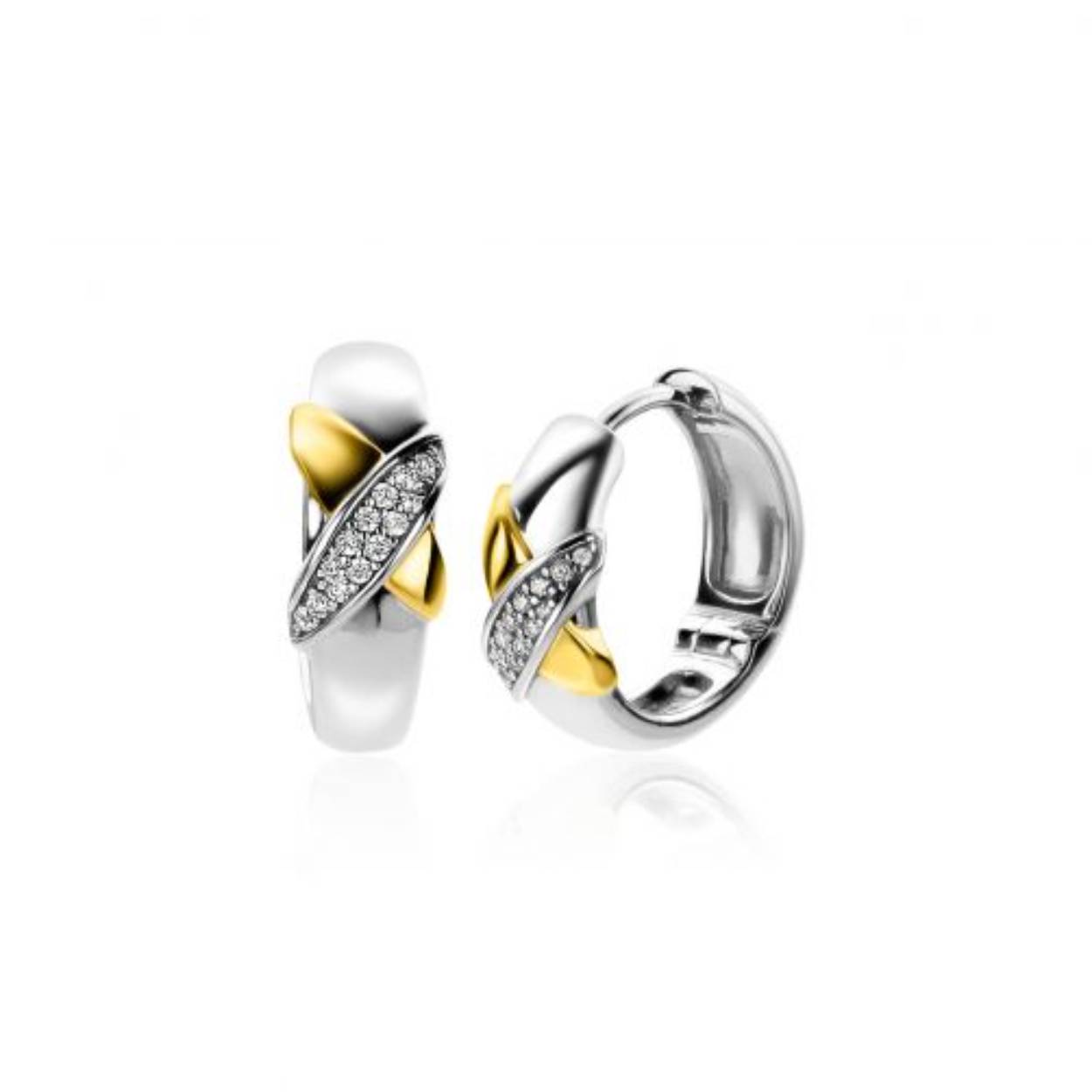 Zinzi zilveren klapoorringen bicolor met zirkonia's , kruislings 16 x 6 mm