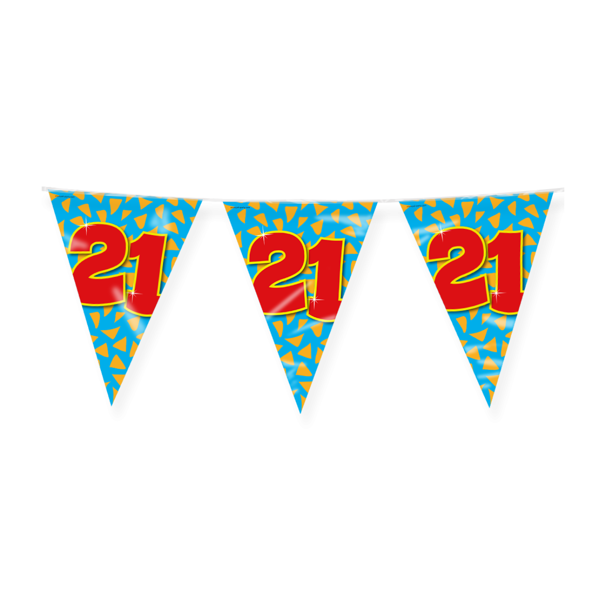 De Happy party flags 21 zijn de ideale versiering op de verjaardag van een 21-jarige. Door de vrolijke kleuren vallen deze party vlaggen dan ook extra goed op! De aan beide kanten bedrukte vlaggetjes zijn gemaakt van folie, hebben een lengte van 10 meter