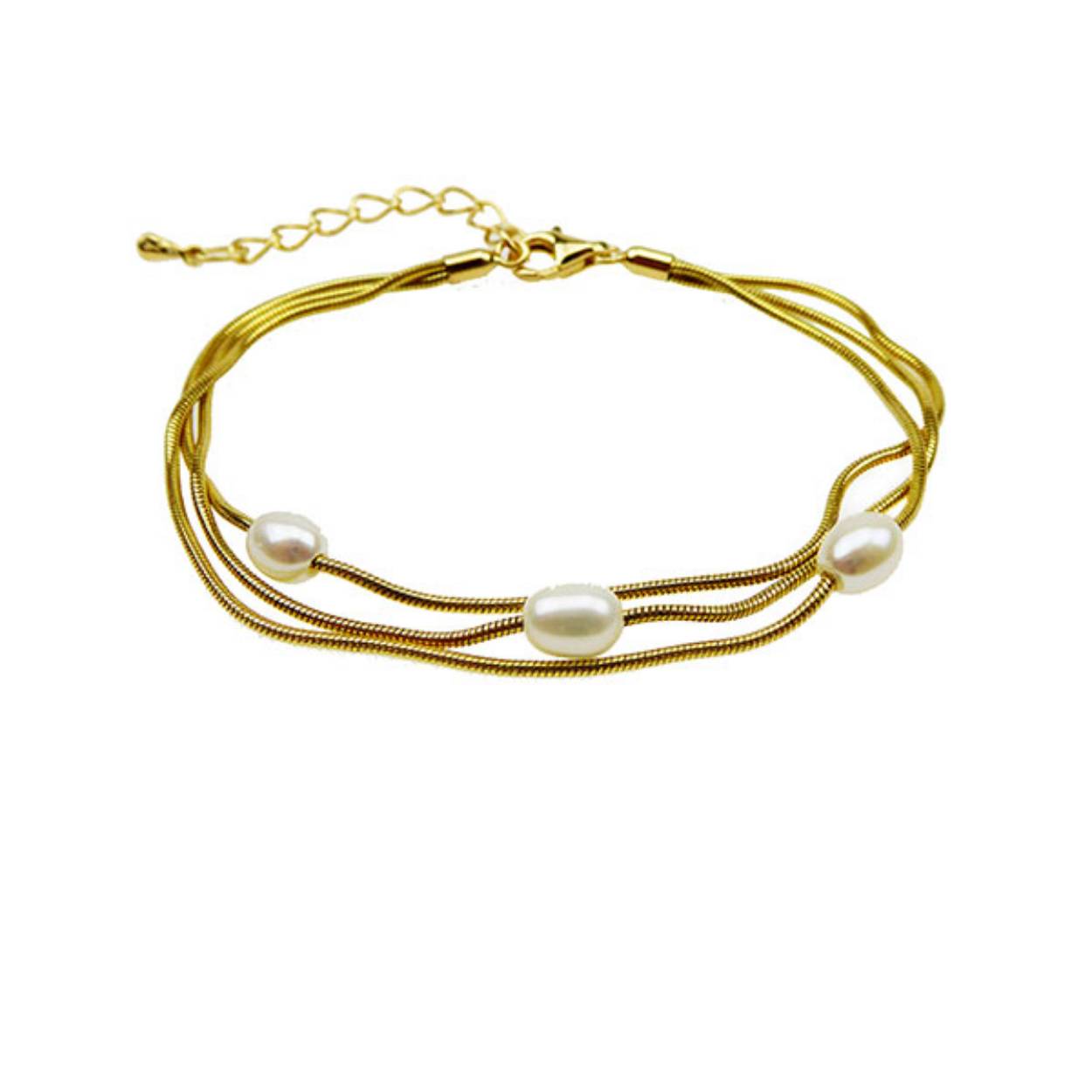 3-rijige kettingontwerp gemaakt van 1,1 mm soepele / sterke slangkettingen met geïntegreerde zoetwaterparels.Alles gemaakt van sterling zilver en armband met 4 cm verlengketting.

