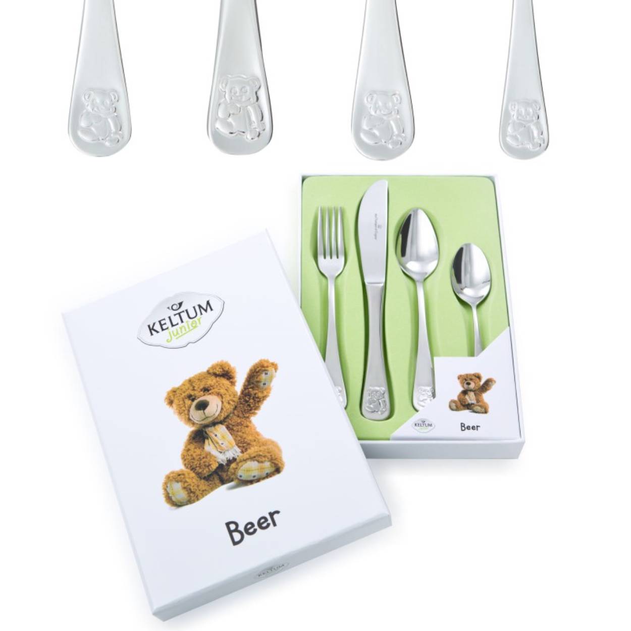 Het 4-delig kinderbestek is een schattig en duurzaam kinderbestek, ideaal voor jonge kinderen. Met een speels berenontwerp maakt het eten leuker en bevordert het zelfstandig eten. Dit bestek van roestvrij staal is veilig en gemakkelijk te reinigen, perfect voor dagelijks gebruik. Een onmisbaar item onder de geboortecadeaus!