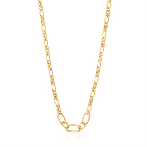 Zilver vergulde collier met figaro schakel. Ania Haie collier ‘Figaro Chain Necklace’ uit de serie Chain Reaction. De Chain Reaction serie bestaat uit verschillende items waarin de klassieke schakel een trendy rol speelt! Collier heeft een lengte van 35-40cm