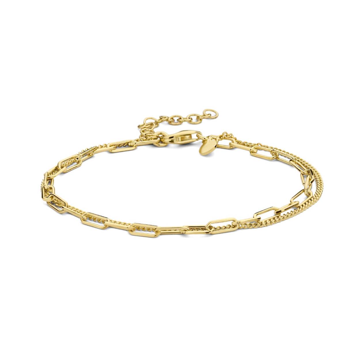 Geelgoud op 925 zilveren armband uitgevoerd met een paperclip schakel van 2.8mm, een gourmette schakel van 1.5mm en een karabijn sluiting. De armband heeft een draaglengte van 16cm en een extensie van 3cm. Geen garantie op de plating.