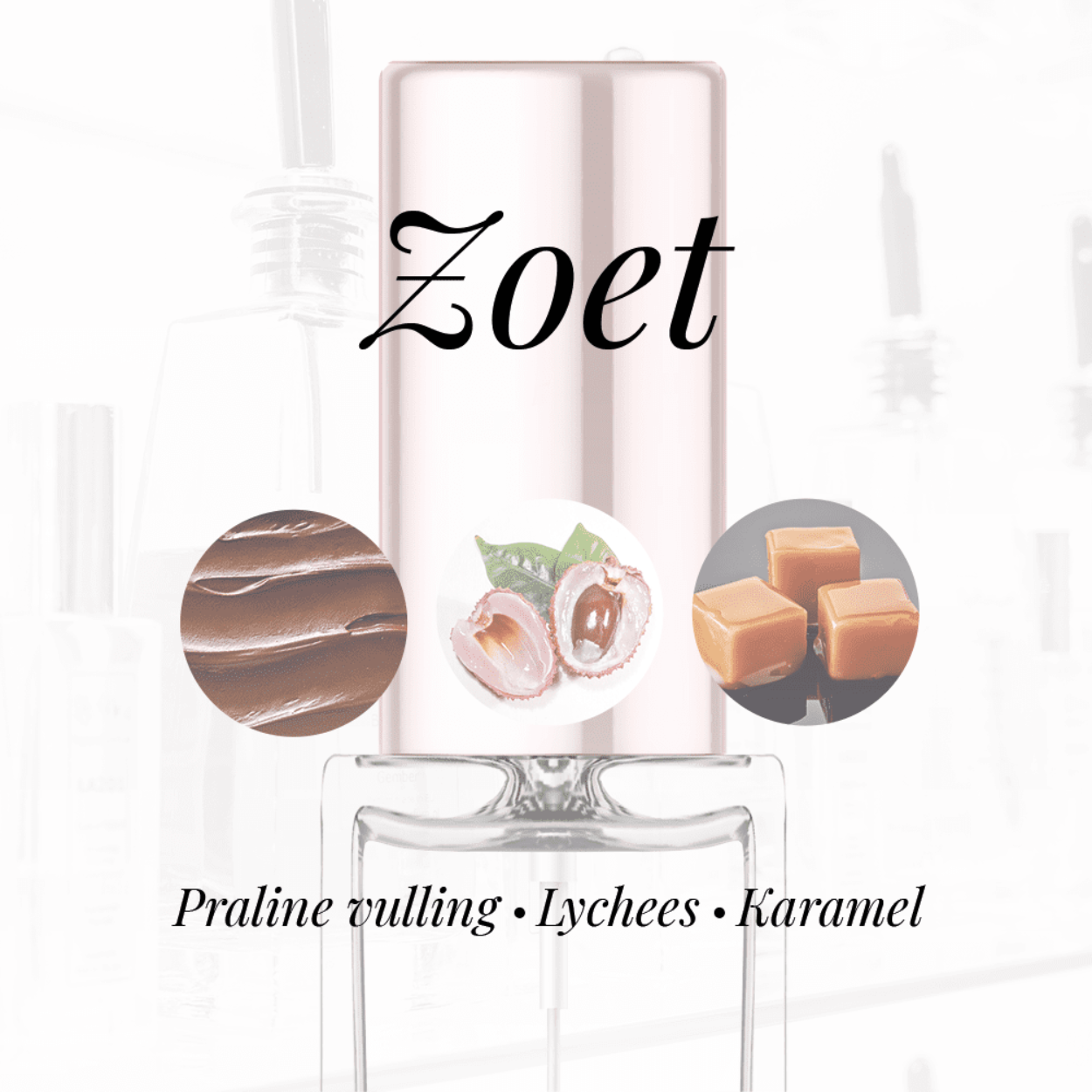 Eigenschappen
Geur: Zoet
Waarneembare geuren: Karamel, Lychees, Praline vulling
Sillage: Zwaar
Seizoen: All season
Eigenschap: Populair
Stijl: Trendy
Geurgroep: Orientaals Vanille
Hoofdakkoorden: Zoet, fruitig, warm kruidig, balsemachtig, karamel, tropisch
Top noten: Peer, Bergamot en Mandarijn
Midden noten: Vanille, Orchidee, Zwarte Roos, Passievrucht en Aardbei
Basis noten: Patchouli, Papyrusriet, Wierook, Lychees, Praliné vulling, Vanille, Karamel, Koffie, Coumarin en Zoethout