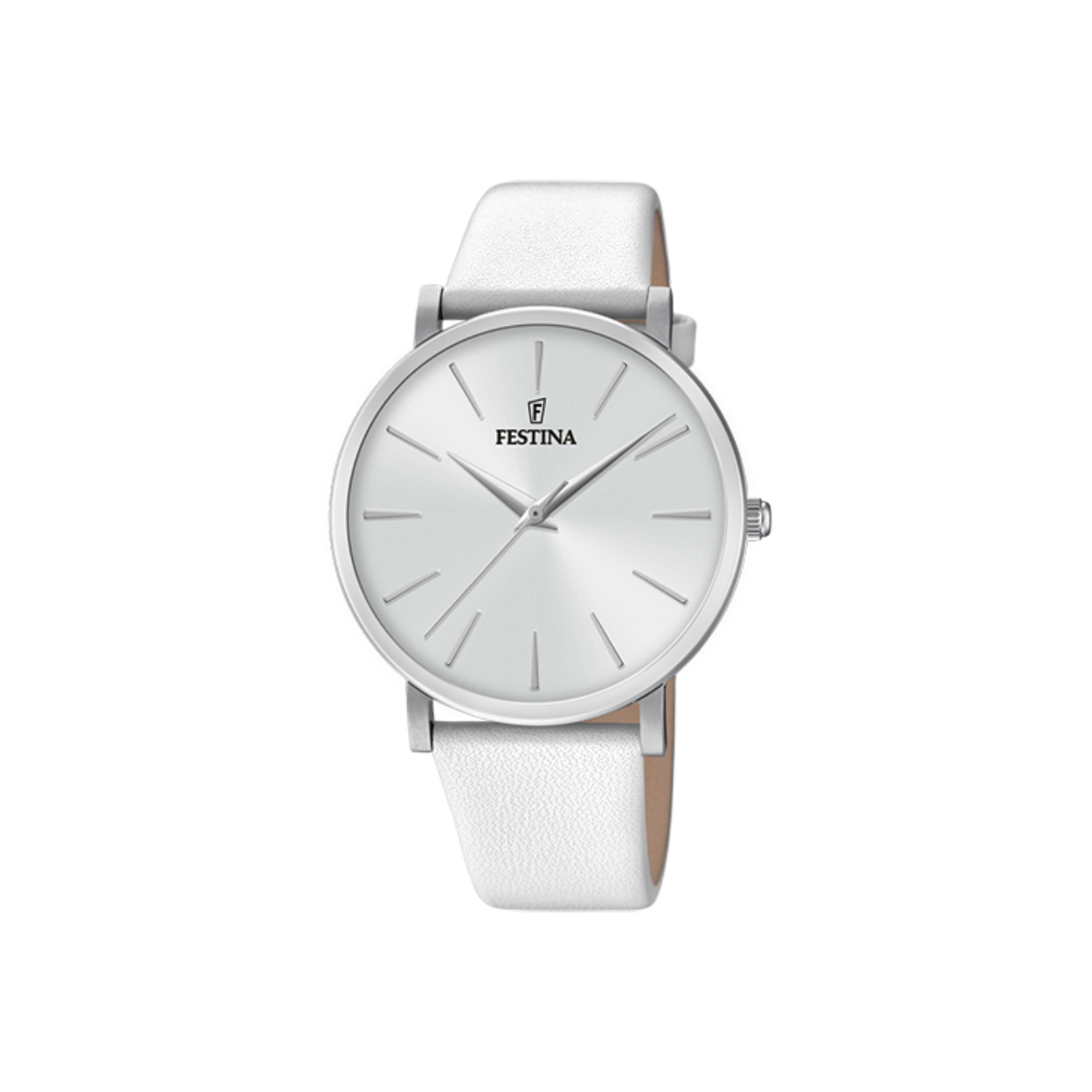 Festina damesuurwerk 
Collectie: boyfriend 
Witte lederen band 
Zilverkleurige kast in edelstaal
Waterdichtheid: 3 ATM (spatwaterdicht)