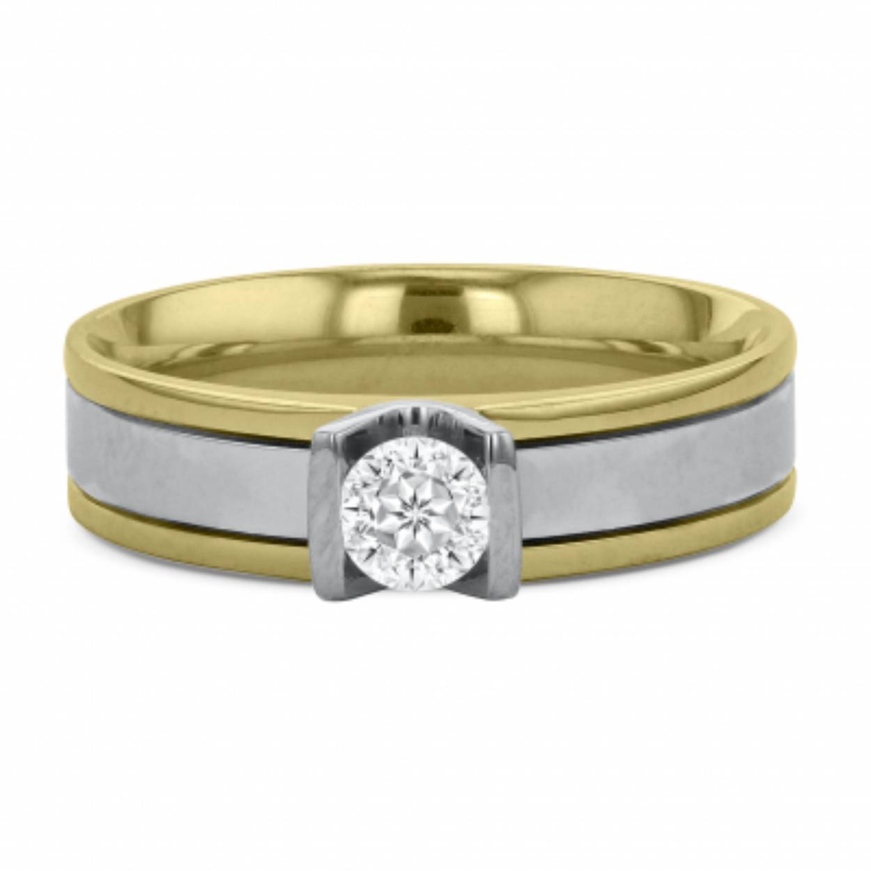 585 bocolor trouwringen, glanzend 5 mm breed. geel/witgoud. de damesring is gezet met 0.30 ct briljant
Prijs is op aanvraag