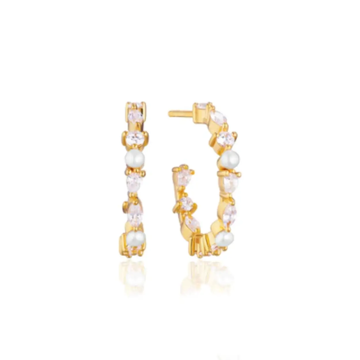 18krt gold plated oorbellen met witte zirkonia en zoetwaterparel | per paar