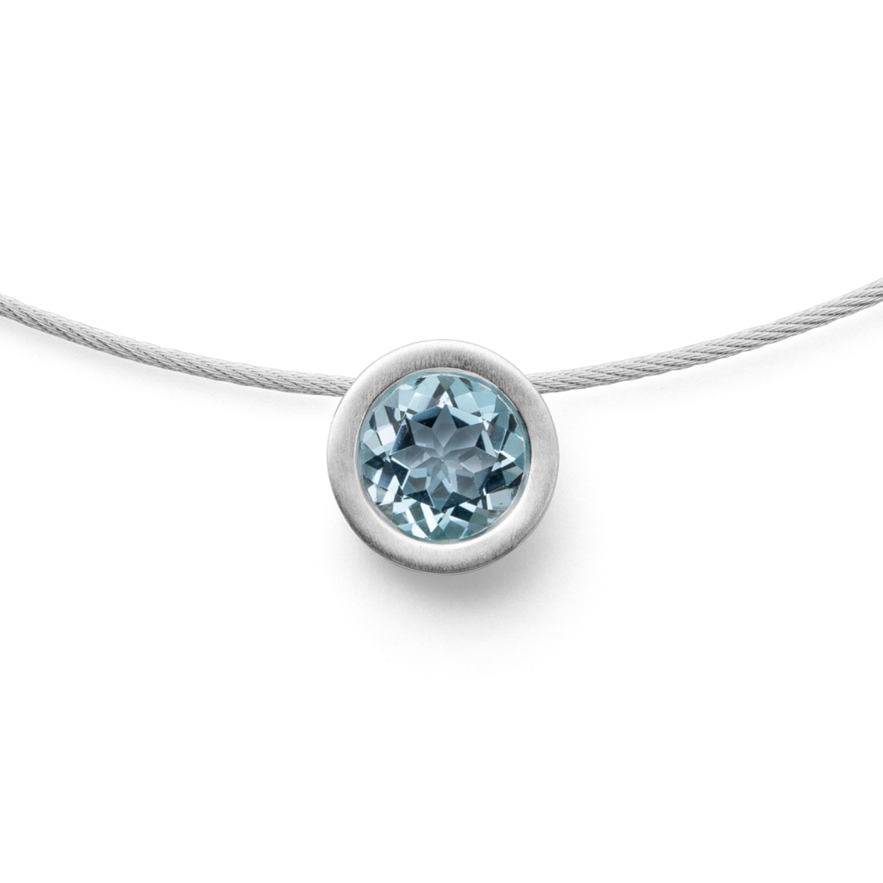 zilveren hanger, rond/blauw topaas (2,13ct)+staaldraad collier
