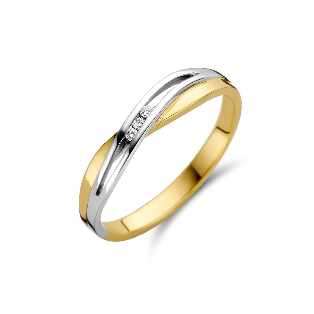 geel en witgouden ring van Bernstein met 3 diamanten