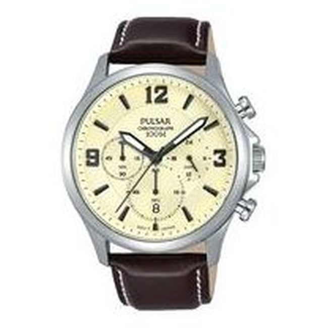 Het Pulsar PT3875X1 Chronograaf herenhorloge is een sportief en elegant horloge. Het Pulsar horloge heeft een ronde edelstalen horloge kast en een bruine leren band. Het horloge heeft een creme wijzerplaat met zwarte en witte accenten. Het Pulsar herenhorloge heeft gehard mineraal glas, een datum aanduiding en is tot 10 atm waterdicht.