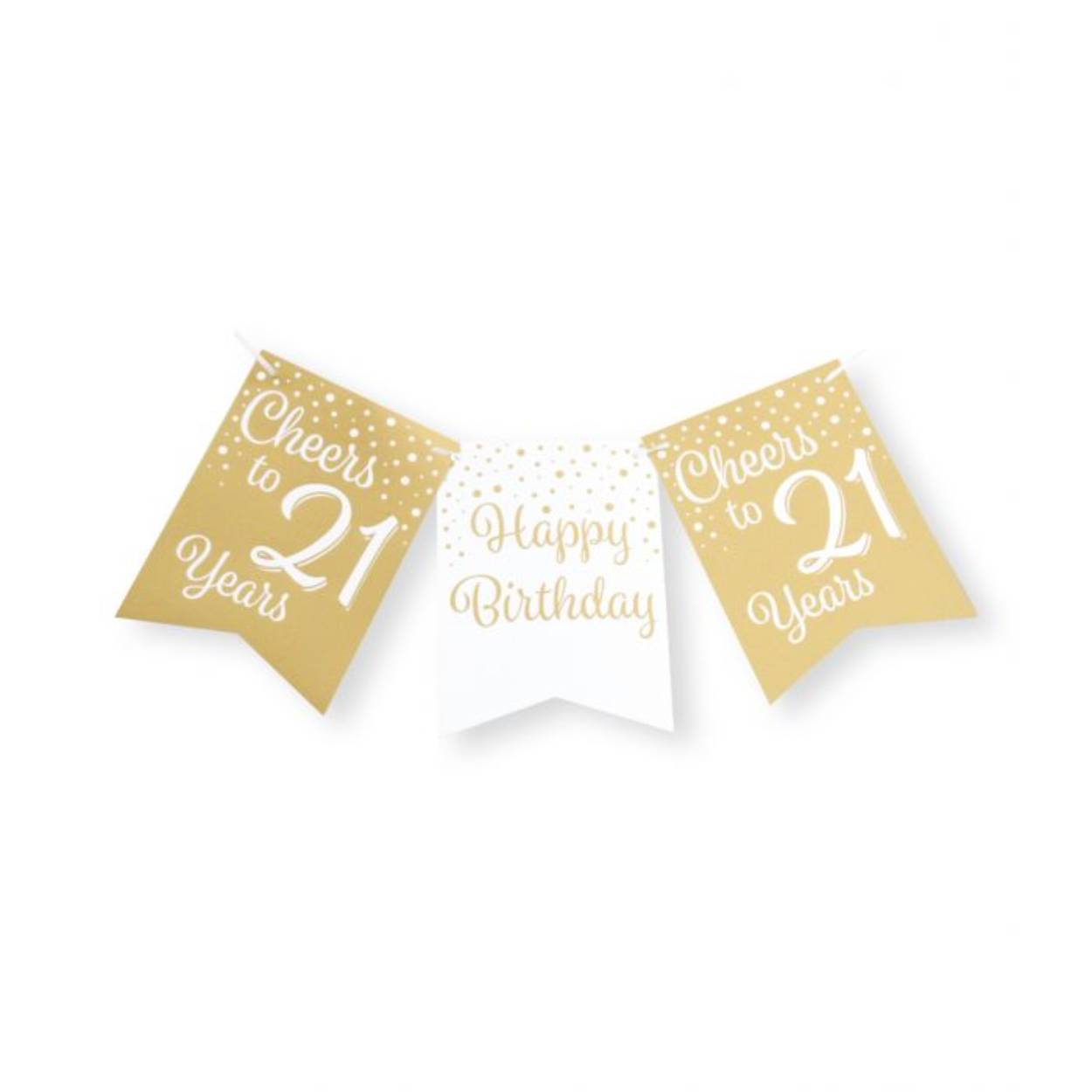 e gold/white party flag banners maken goede sier op een feestje zoals bijvoorbeeld een jubileum, maar ook op een verjaardagsfeest zoals deze gold/white party flag banner met opdruk 21. Door de gebruikte kleuren hebben deze flag banners een luxe maar toch feestelijke uitstraling! De vlaggetjes zijn gemaakt van folie met een bedrukking aan beide kanten