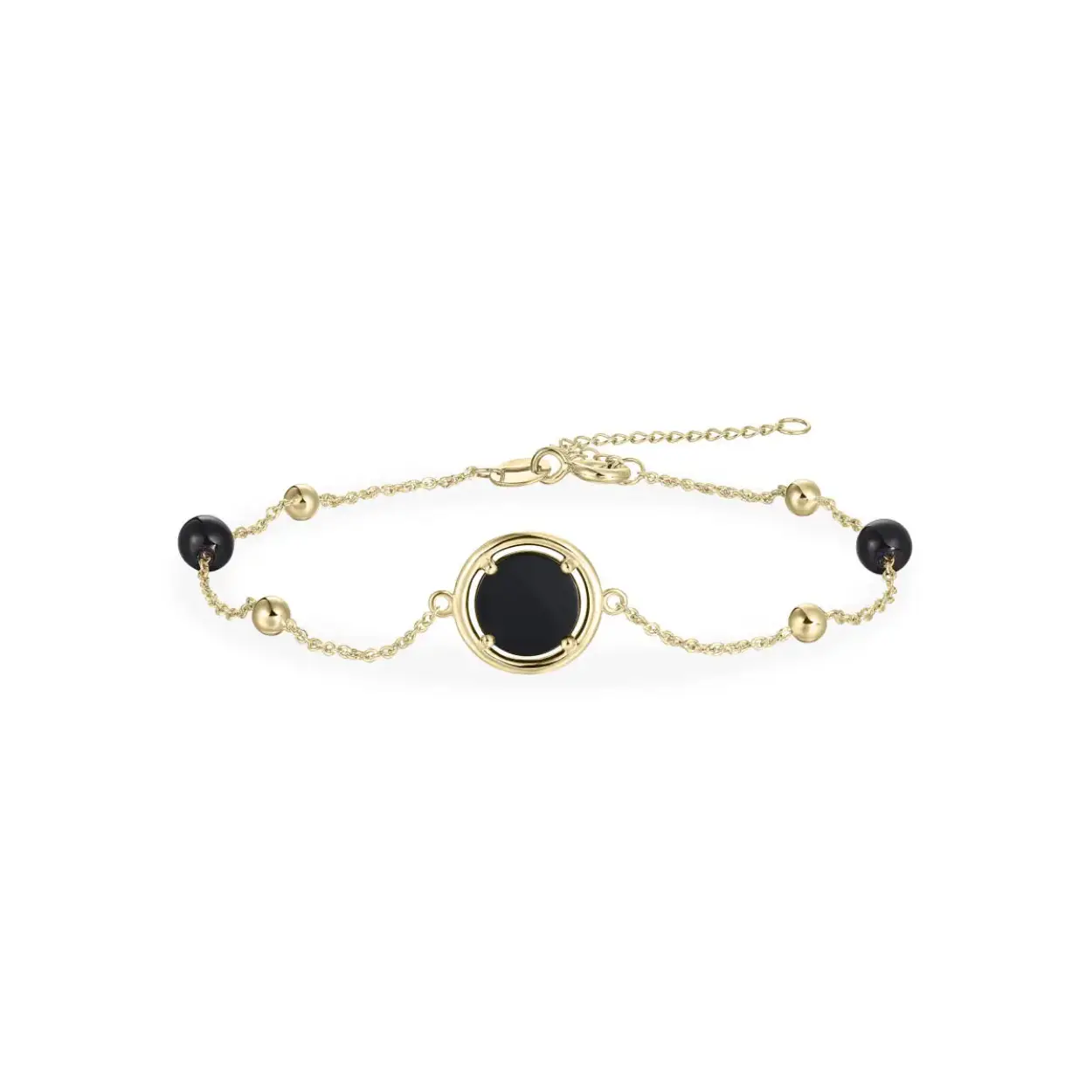 14 karaat  goud |zwart agaat rondje + bolletje
armband verstelbaar 17 tot 20 cm 