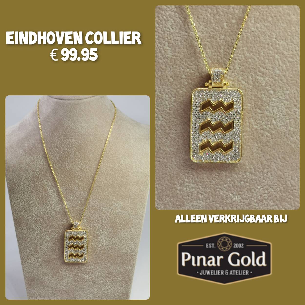 Exclusief en alleen verkrijgbaar bij Pinar Gold Juwelier! 
Zilver vergulde collier met hanger van Eindhoven bezet met zirkonia.

Lengte Collier: 40 - 45 cm verstelbaar

