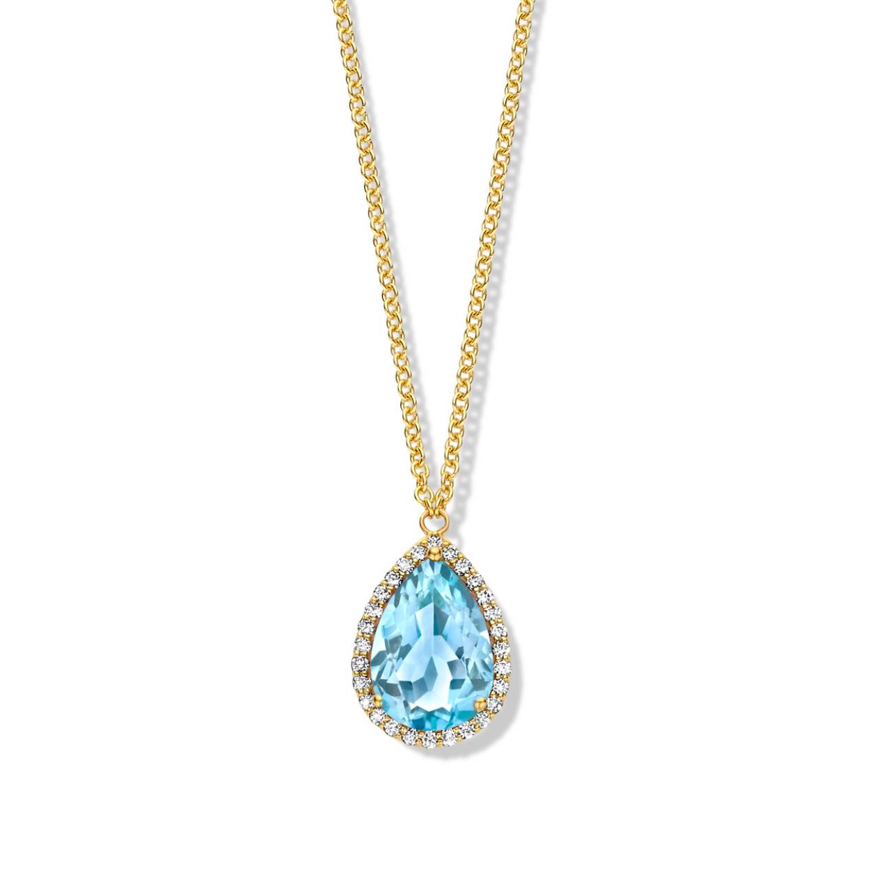 Ketting met hanger goud18kt , diamanten en blauwe topaas