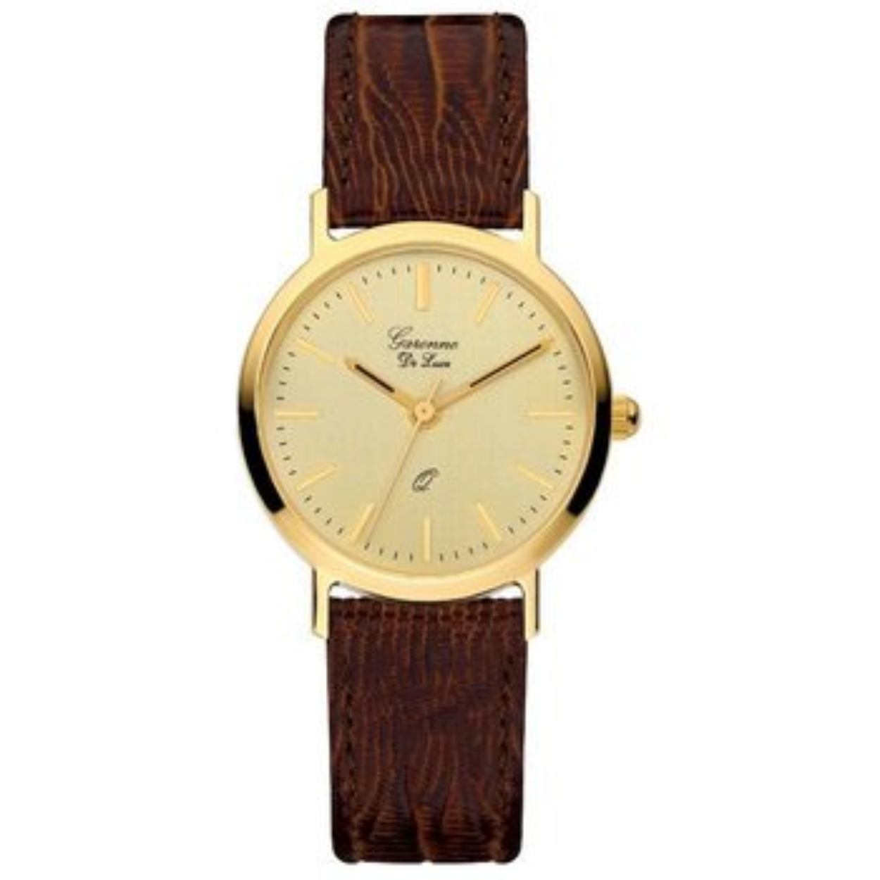 De Garonne GV15Q525 is een elegante analoge damespolshorloge met een rond goudkleurig kast van 24 mm, gemaakt van goud en mineraalglas. De quartz uurwerk zorgt voor betrouwbare precisie. Het bruine leren bandje geeft comfort en stijl, met een breedte van 13 mm. Perfect te dragen bij formele en casual gelegenheden voor een elegante uitstraling.