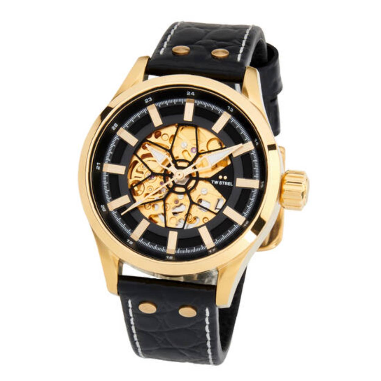 TW Steel TWVS131 Skeleton Staal Leer 45mm
Deze TW steel uit de Volante serie met nr TWVS131 is 45mm en heeft een gehard mineraalglas. De TWVS131 valt op door de goudkleurige stalen kast met gladde bezel en grote schroefkroon. De wijzerplaat is opengewerkt, waardoor het automatische uurwerk duidelijk zichtbaar is. De wijzers zijn ingelegs met lumibrite. Aan de kast zit een zwarte leren crocoband met een gespsluiting. Het horloge heeft wereldwijde garantie van 2 jaar en is 10 ATM. Een zeer apart model.

Het Merk:
TW Steel is een Nederlands horlogemerk. Groot in visie en ongeëvenaard in stijl. Sinds onze oprichting in 2005 geven wij tijd een nieuwe dimensie. Met karakteristieke designs stappen wij af van de gebaande paden.
Ons bereik is wereldwijd, of het nu zakelijk, casual of sportief is, bij de horloge collectie van TW Steel gaat het om kwaliteit en precisie. Een horloge dat je persoonlijkheid onderstreept is altijd binnen handbereik. Vorm en functie gaan samen in onze horloges van Zwitserse top kwaliteit. De kunst om je te onderscheiden vergt zelfvertrouwen en lef.
TW Steel is niet zomaar een horloge, TW Steel is een statement.

Specificaties:
- Stalen horloge kast 45mm
- Open wijzerplaat 
- Zwarte leren crocoband
- Gehard mineraalglas
- Schroefkroon
- Automaat
- 10 ATM