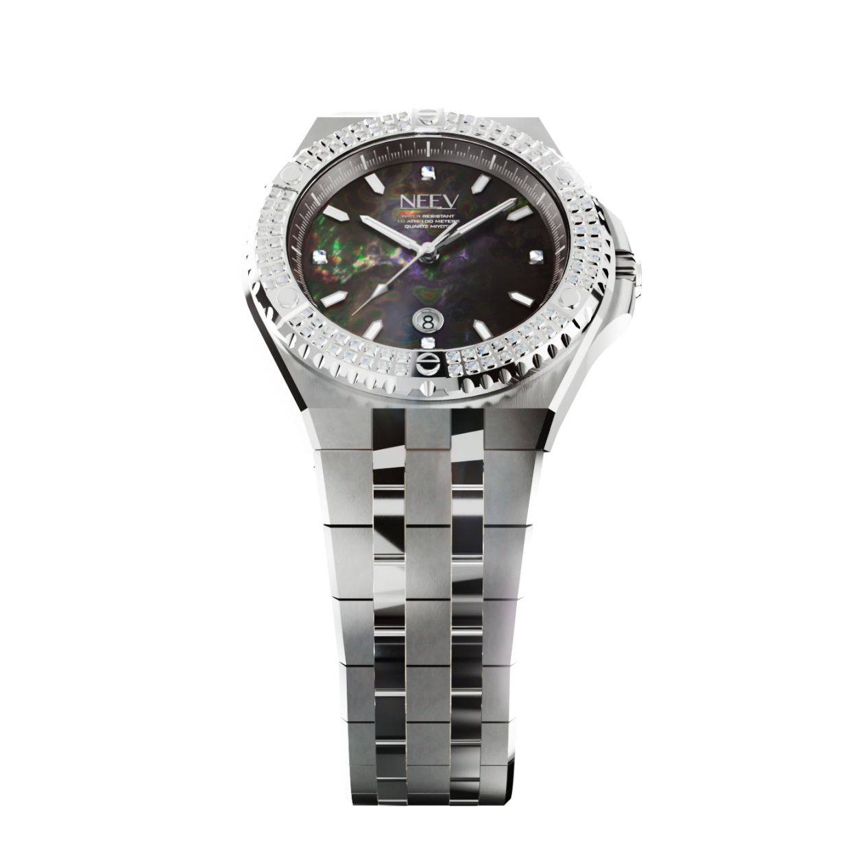 De Date34 is ons nieuwste model. Dit 34mm dameshorloge is er in 14 varianten. Dit nieuwe model is standaard uitgevoerd met 5 Swarovski stenen, hoogwaardig staal, saffierglas met AR coating en een parelmoer wijzerplaat.