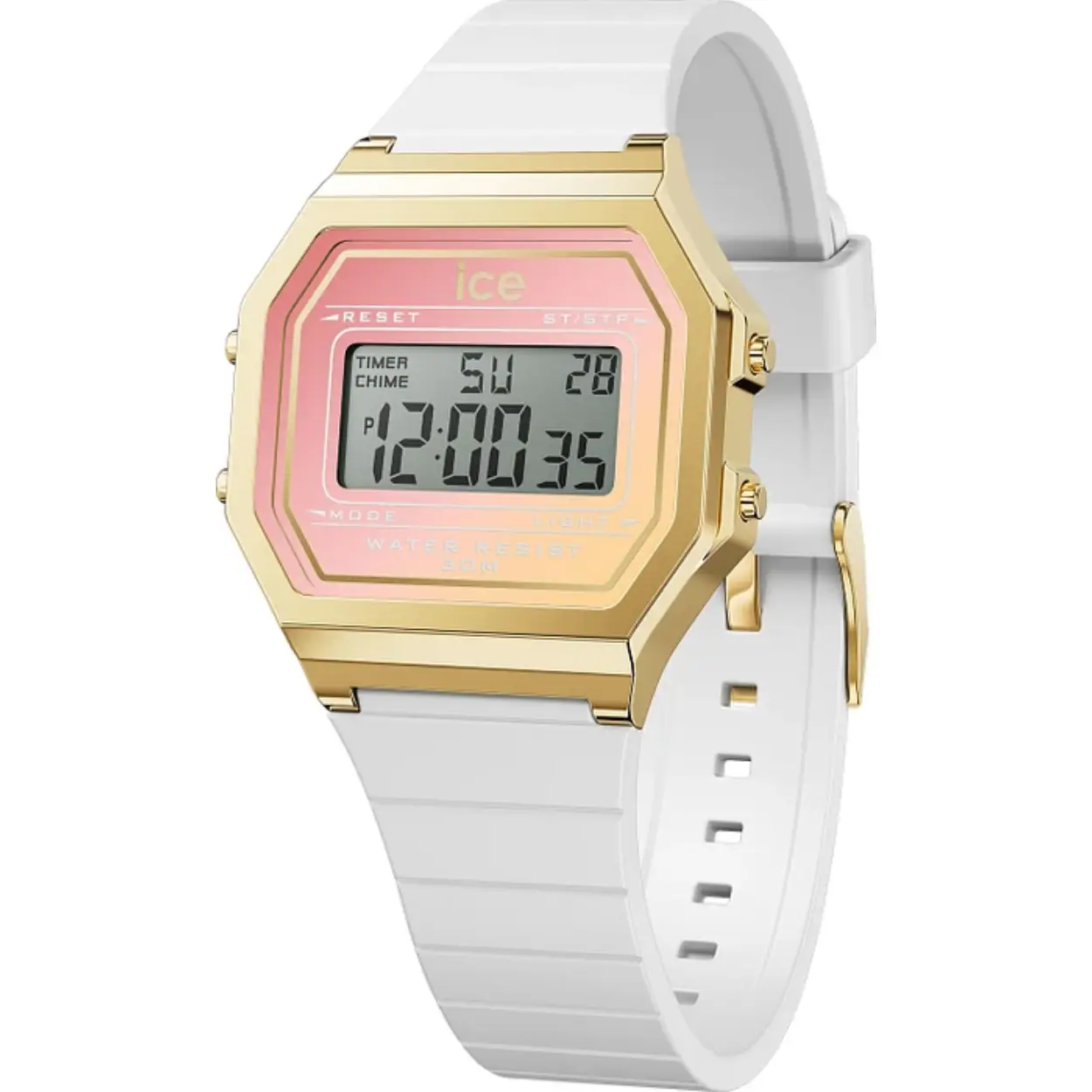 De ICE WATCH DIGIT RETRO - WHITE DREAMSCAPE - SMALL 022716 is een stijlvol horloge met een uniek design en handige functies. Met een digitale tijdaanduiding en een quartz uurwerk ben je altijd bij de tijd. De diameter van het horloge is 32 mm en de hoogte is 10 mm, waardoor het een subtiel en comfortabel accessoire is om te dragen.

De behuizing van de ICE WATCH DIGIT RETRO is vierkant van vorm en heeft een goudkleurige afwerking. Het materiaal van de behuizing is kunststof, wat zorgt voor een lichtgewicht en duurzaam horloge. De wijzerplaat van het horloge is roze van kleur en het glas is gemaakt van plexiglas, wat zorgt voor een heldere en krasbestendige bescherming.

De band van de ICE WATCH DIGIT RETRO is wit van kleur en gemaakt van siliconen, wat zorgt voor een comfortabele pasvorm om de pols. De datumweergave op het horloge zorgt ervoor dat je altijd de juiste datum bij de hand hebt. Met een waterdichtheid van 3 bar is het horloge spatwaterdicht en geschikt voor dagelijks gebruik.
