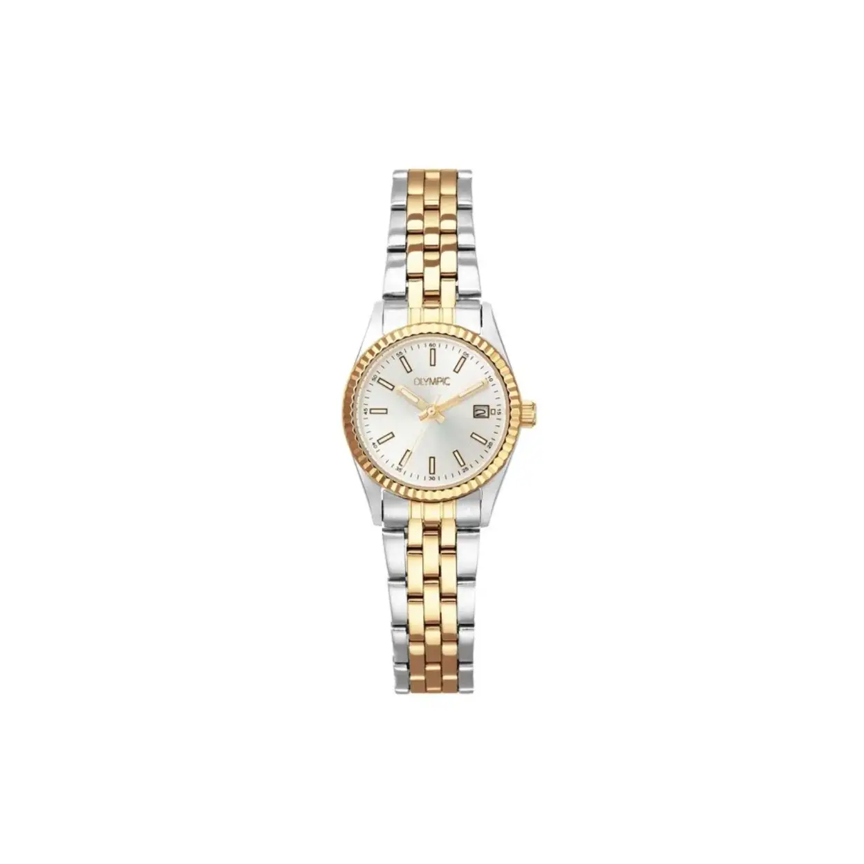 Olympic OL75DSD001B Novi Horloge Staal 26mm 
Dit unieke Olympic horloge met artikelnummer: OL75DSD001B is een dameshorloge met een chique sportieve uitstraling. Het horloge heeft een ronde stalen kast met een geribbelde goudkleurige bezel, een zilverkleurige wijzerplaat en een datum en lumibrite in de uursaanduiding. Aan de kast zit een fijne stalen bicolor schakelband met druksluiting. Het horloge heeft een mineraalglas, een schroefdeksel, een doorsnee van 26mm en is 5ATM.

Het merk:
Een mooi horloge hoeft niet duur te zijn! Het Nederlandse horlogemerk Olympic levert stoere chronografen, slimline series, digitale uurwerken en elegante dameshorloges. De prijs-kwaliteitverhouding staat bij Olympic hoog in het vaandel met prijzen die uiteenlopen van € 34,95 tot en met € 159,00.

100% Nederlands ontwerp, waterdicht en standaard 3 jaar fabrieksgarantie.

Specificaties:
- Ronde kast Ø 26mm
- Stalen horlogekast
- Zilverkleurige wijzerplaat
- Stalen schakelband
- 5ATM 
- Standaard 3 jaar fabrieksgarantie
- Mineraalglas