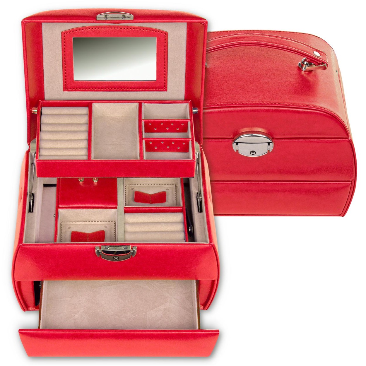 Deze Byoux bos is voorzien met:
spiegel
grote lade
automatische compartimenten
kussen om ringen in op te bergen
een afsluitbaar slotje
2 uitneembare strips voor oorbellen
elegante handgreep

Afmetingen:
Hoogte 18.5cm x breed 14.5cm x diep 21

Met materiaal is van een hoogwaardige imitatie leer gemaakt.