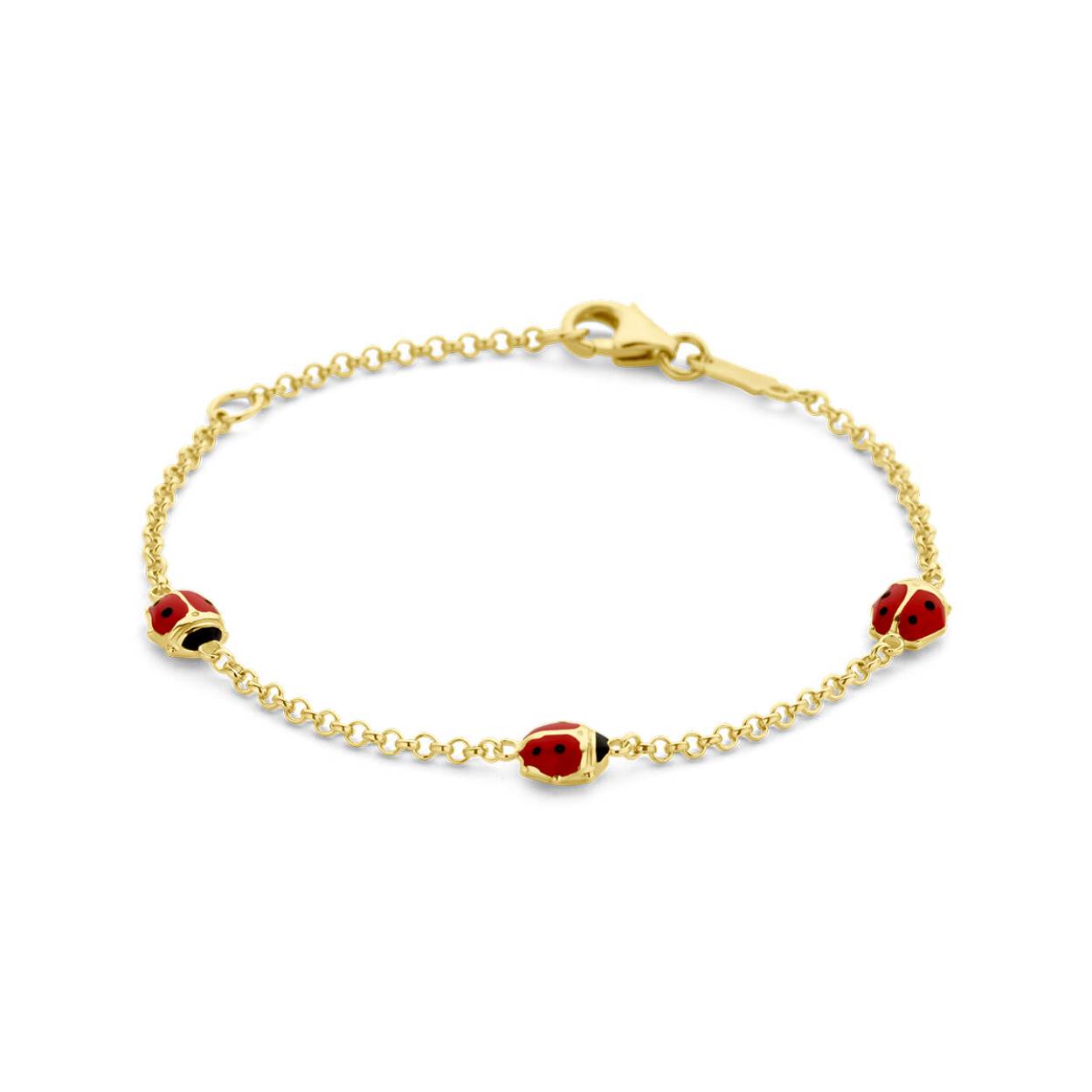 14k Geelgouden armband uitgevoerd met drie lieveheersbeestjes. De armband heeft een schakelbreedte van 1.5mm en draaglengtes van 11 en 13cm. Uitgevoerd met karabijnsluiting.