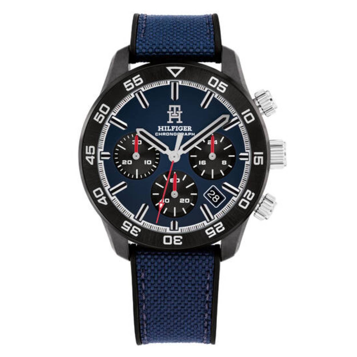 Tommy Hilfiger herenhorloge, chrono, met blauwe wijzerplaat en mooie sportieve siliconenband, serie TH85 Carbon