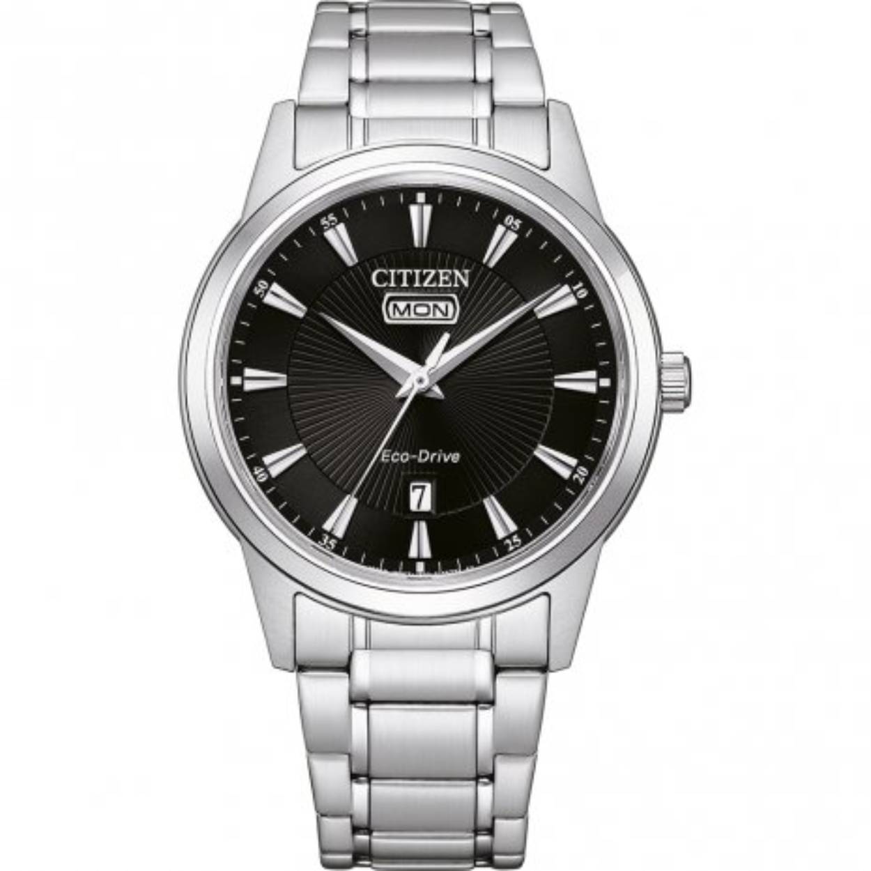 AW0100-86E Citizen Hau sport serie staal herenhorloge met zwarte wijzerplaat en dag/ datum functie.