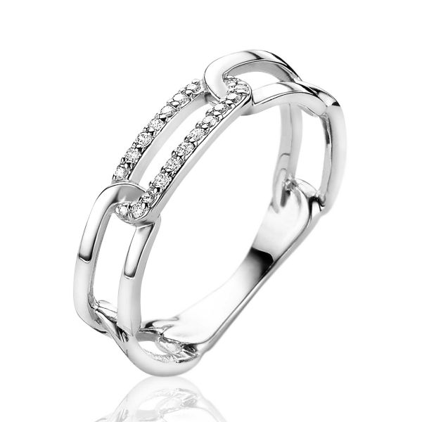 ZINZI zilveren schakel ring met paperclip schakels witte zirconia's , ook in andere maten leverbaar