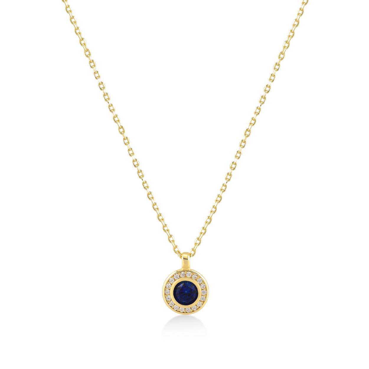 Gouden collier met entourage hanger met blauwe en witte zirkonia's 