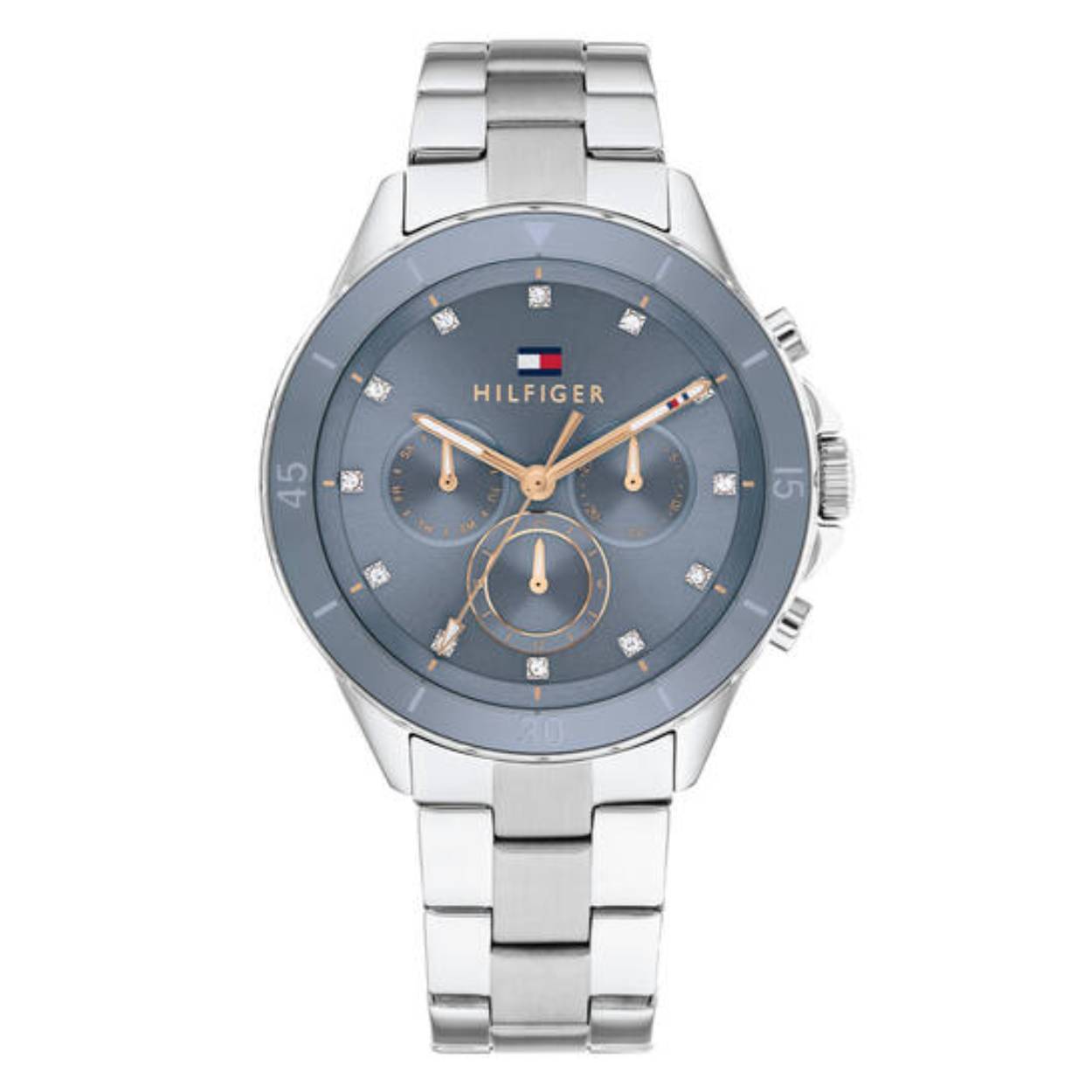 Dit Tommy Hilfiger horloge behoort tot de Mellie collectie.
Referentienummer: TH1782708 

Dit horloge van Tommy Hilfiger is een luxe sportief dameshorloge die niet in je collectie mag ontbreken. Het stalen dameshorloge heeft een ronde zilverkleurige kast met een blauwe ceramic bezel en een blauwe sunray wijzerplaat met dag, - datum,- en 24-uursaanduiding. De uren worden weergegeven met kristallen. De zilverkleurige schakelband is op lengte verstelbaar en heeft een vouwsluiting. Het horloge heeft een mineraalglas, een doorsnee van 40mm en is 5ATM.  
