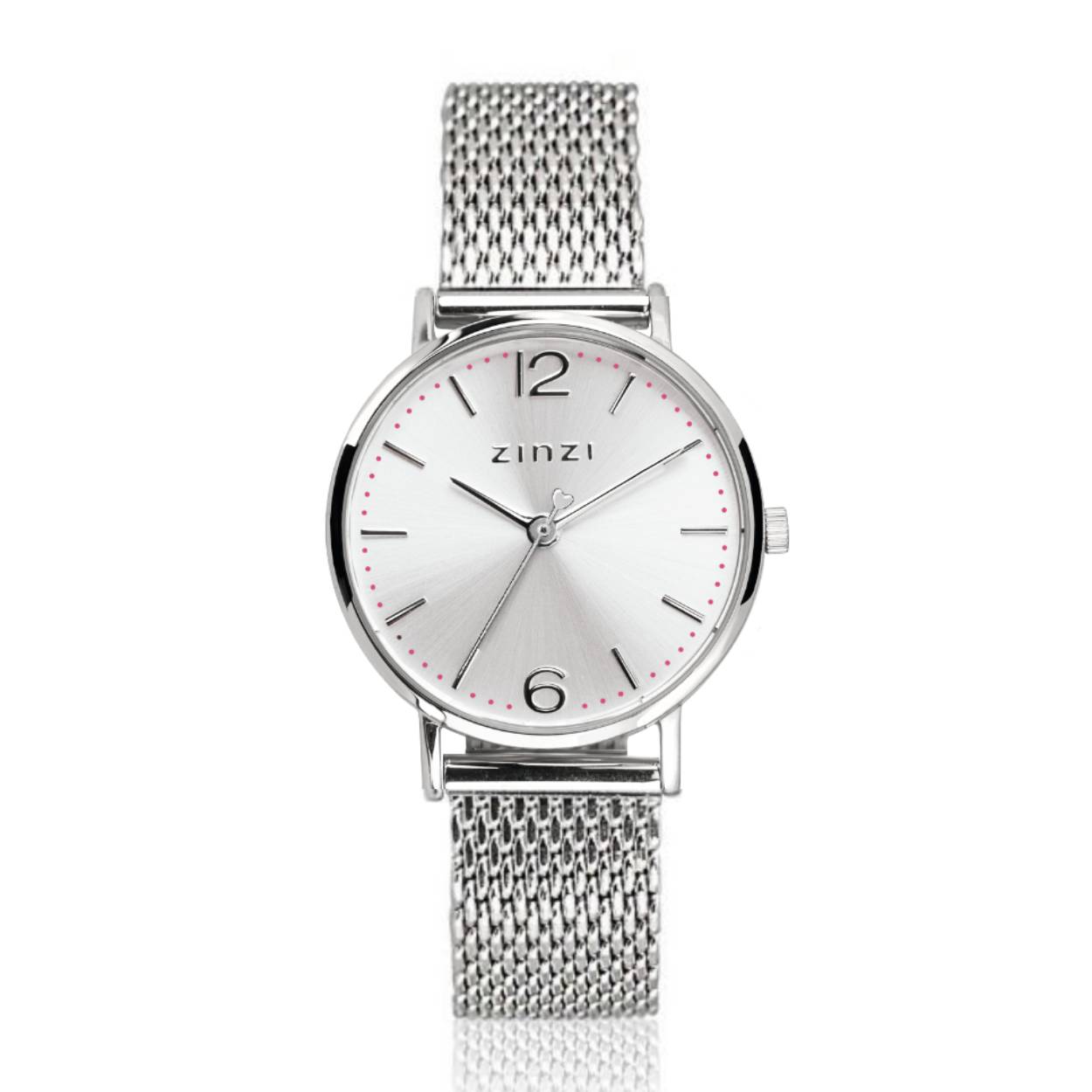 ZINZI Lady horloge zilvergekleurde wijzerplaat en kast stalen mesh band 28mm extra dun ZIW602M