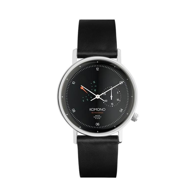De Komono is een trendy Unisexhorloge met een Analoog uurwerk. De kast is gemaakt van RVS en heeft een diameter van 40mm. De kleur van de horlogekast is Zilver en heeft een Wit wijzerplaat kleur. De horlogeband heeft de kleur Zwart en is gemaakt van Leer. Daarnaast is de glasplaat van Mineraalglas.