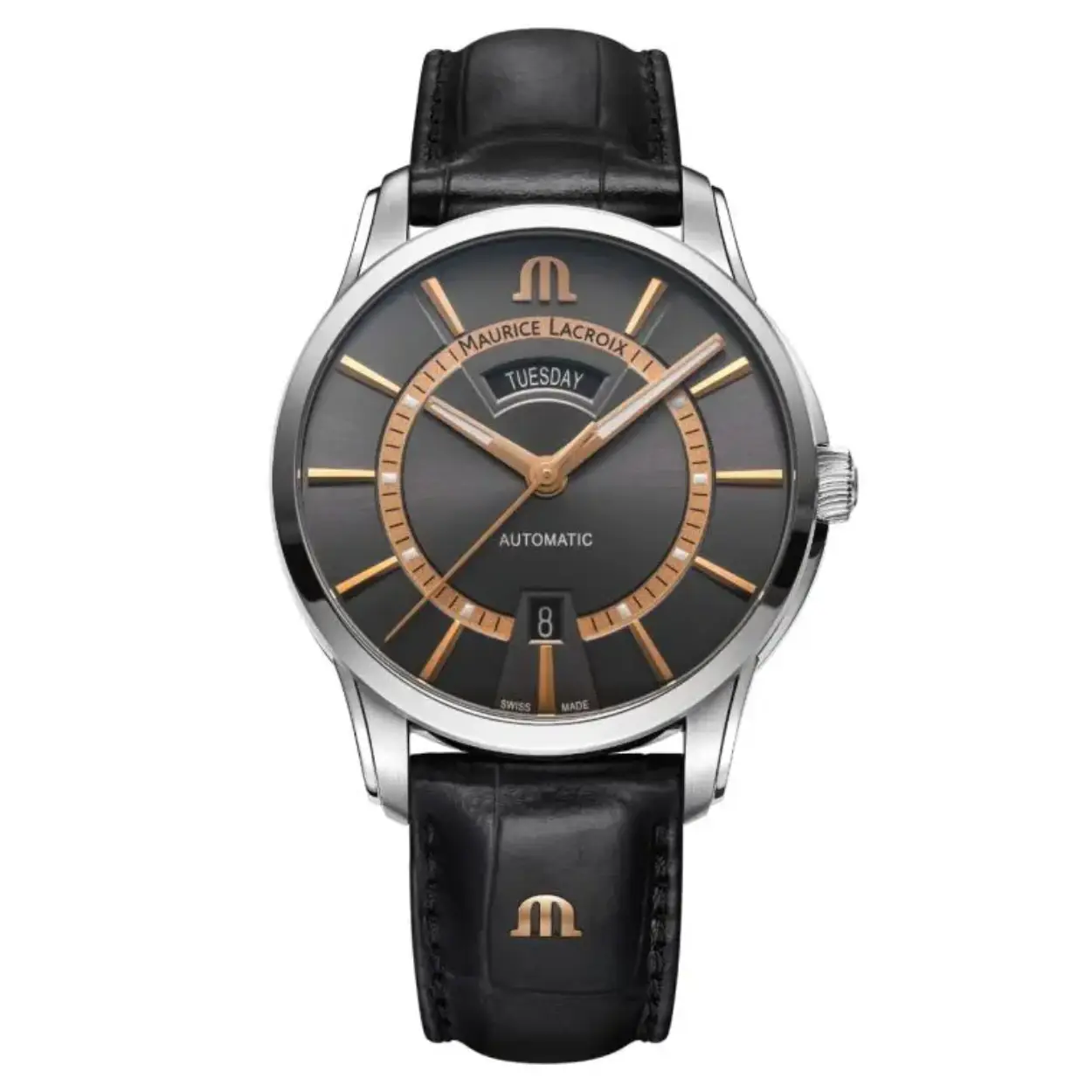 Dit is een horloge van het merk Maurice Lacroix.
De specificaties zijn als volgt: 

Kast
- Kast maat: 41 mm
- Kast dikte: 11.5 mm
- Kast materiaal: edelstaal
- Kastvorm: rond
- Glas type: saffierglas voor en op Achterdeksel deze biedt zicht op het Prachtige uurwerk
- Waterdicht: 10 ATM/BAR

Wijzerplaat
- Wijzerplaat: Antraciet met goudkleurig streep index
- Lichtfunctie: glow in the dark (wijzers)
-patroon: Sun Brushed

Band:
- Band: Zwart kalfsleer
- Sluiting band: vlindersluiting

ML 143 Uurwerk
- Mechanisch
- Functies: dag met datum aanduiding
- Energiebron uurwerk: automaat (zelfopwindend)
- tikgetal 28.800 p/uur (4Hz)
- gangreserve 38 Uur
- 26 steens (lagerstenen)
