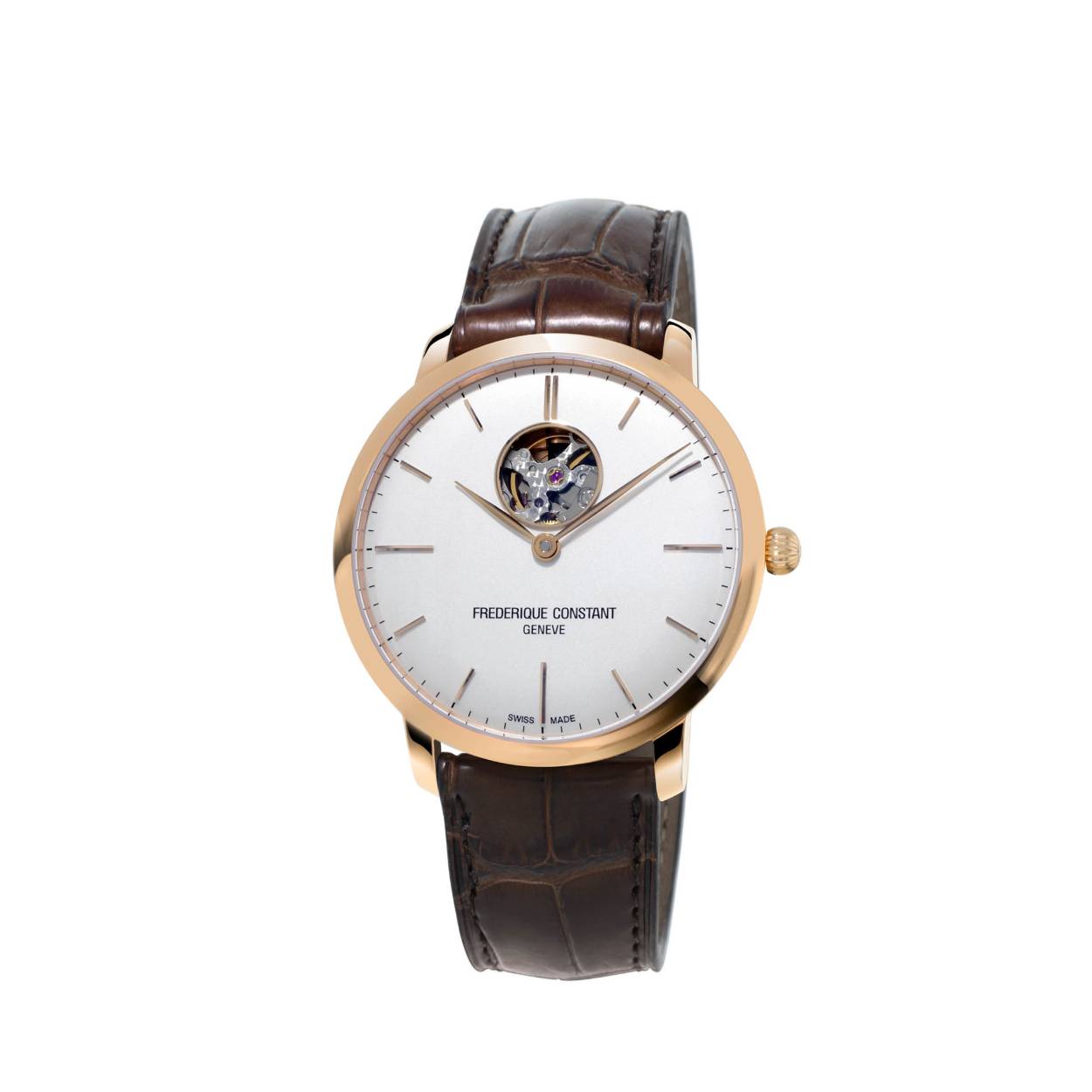 De absolute elegantie van dit gloednieuwe model is te danken aan hun zuivere lijnen en de kwaliteit van het ontwerp, een van de slankste modellen van Frederique Constant. Hij heeft een 40mm kast waarbij we een glimp opvangen van het juwelen-mechanisme door het diafragma van de wijzerplaat op 12'' uur. 