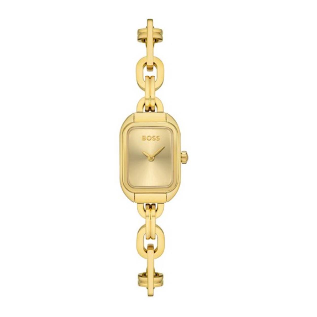 BOSS HB1502655 HAILY 
Dit BOSS horloge uit de Haily serie met artikelnr: HB1502655 is een apart strak model. Het dameshorloge valt op door zijn goudkleurige stalen rechthoekige horlogekast met een gladde rand en een goudkleurige wijzerplaat. De fijne wijzers in combinatie met het BOSS logo geven dit horloge een luxe uitstraling. Aan de kast zit een goudkleurige losse fantasie schakelband. De kast van het horloge heeft een afmeting van 19x28mm met een mineraalglas en is 3 ATM. 

HET MERK:
HUGO BOSS is afgestemd op levensstijlen waar het gaat om kwaliteit en precisie. Het wereldwijde fashionlabel is verdeeld in twee merken: BOSS en HUGO. Het merk BOSS biedt geavanceerde, moderne horloges gericht op kwaliteit en design om een onberispelijke look te creëren – of het nu zakelijk, casual of sportief is. De horloge collectie van BOSS is perfect afgestemd op levensstijlen waar het gaat om kwaliteit en precisie. BOSS is op maat gemaakt in een onberispelijke stijl.

Blijf stijlvol bij de tijd. Voor de BOSS-vrouw is stijl het handelsmerk en draait alles om
details. Breng uw look naar een hoger niveau met onze nieuwe en kenmerkende horlogecollectie.

SPECIFICATIES:
- Mineraalglas
- Rechthoekige kastvorm
- Goudkleurige stalen horlogekast
- Goudkleurige wijzerplaat
- Goudkleurige Schakelband