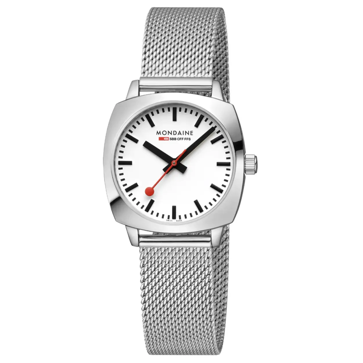 Mondaine MSL.31110.SM Horloge - Milanees - Zilverkleurig - 36,5mm  
Dit unieke Mondaine horloge met nummer: MSL.31110.SM uit de Petite Cushion serie heeft een elegant uiterlijk. Het horloge is geschikt voor mannen en vrouwen. De zilverkleurige vierkante gladde horlogekast heeft een strakke rand met een witte wijzerplaat. Op de wijzerplaat is de uursaanduiding met zwarte strepen en wijzers duidelijk zichtbaar. Als blikvanger draait de rode secondewijzer sierlijk in het rond, net als de wel bekende stationsklok. Aan de stijlvolle kast zit een zilverkleurige stalen milanese band met druksluiting. Het horloge is Swiss Made, heeft een mineraalglas, de maat van 31x36,5mm en is 3 ATM. 

Het Merk:
The Official Swiss Railway Watch. Gebaseerd op de officiële stationsklok van de Zwitserse spoorwegen, is 30 jaar geleden de horlogelijn onder het merk Mondaine opgezet. Zwitserse kwaliteitsuurwerken, net zo punctueel als de Zwitserse treinen. Een echte design klassieker met een unieke wijzerplaat en de wereldberoemde rode secondewijzer met bolletje. Herkenbaar uit duizenden.

Specificaties:
- Mineraalglas
- Milanese band
- Witte wijzerplaat
- Swiss Made
- 3 ATM (Regen- & spatwaterdicht)
- Maat kast 31x36,5mm