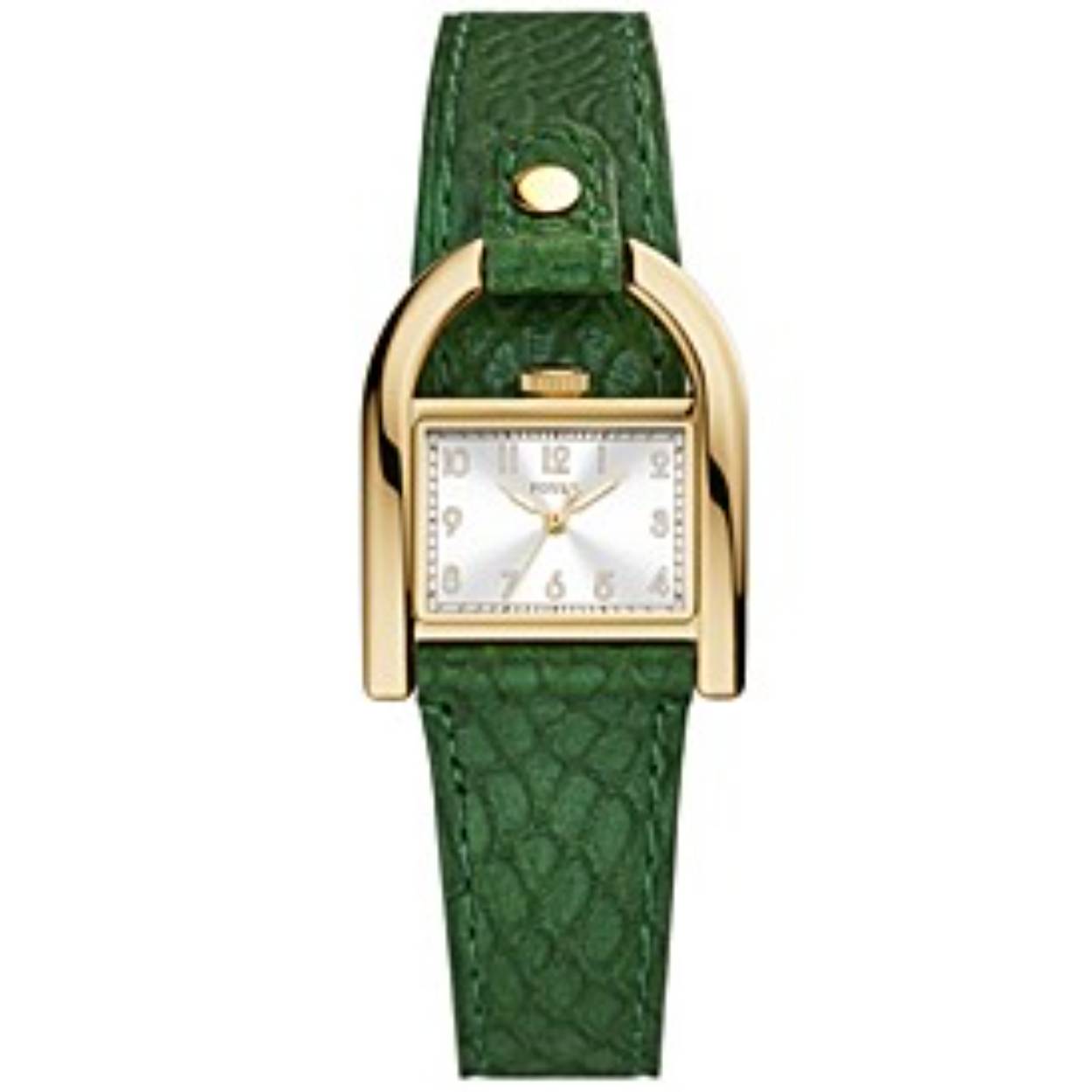 Fossil dames horloge uit de collectie Harwell. Het horloge is goudkleurig met een groene lerenband. 