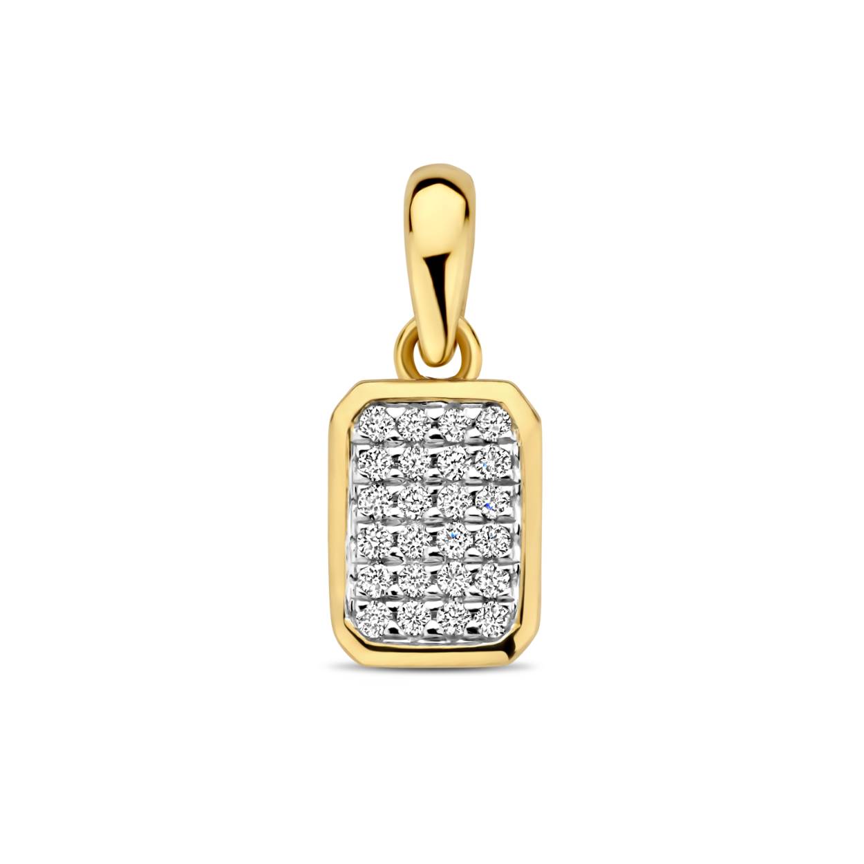 14 krt geelgouden hanger met briljantgeslepen diamant pavé gezet in witgoud. Model Cato rechthoek