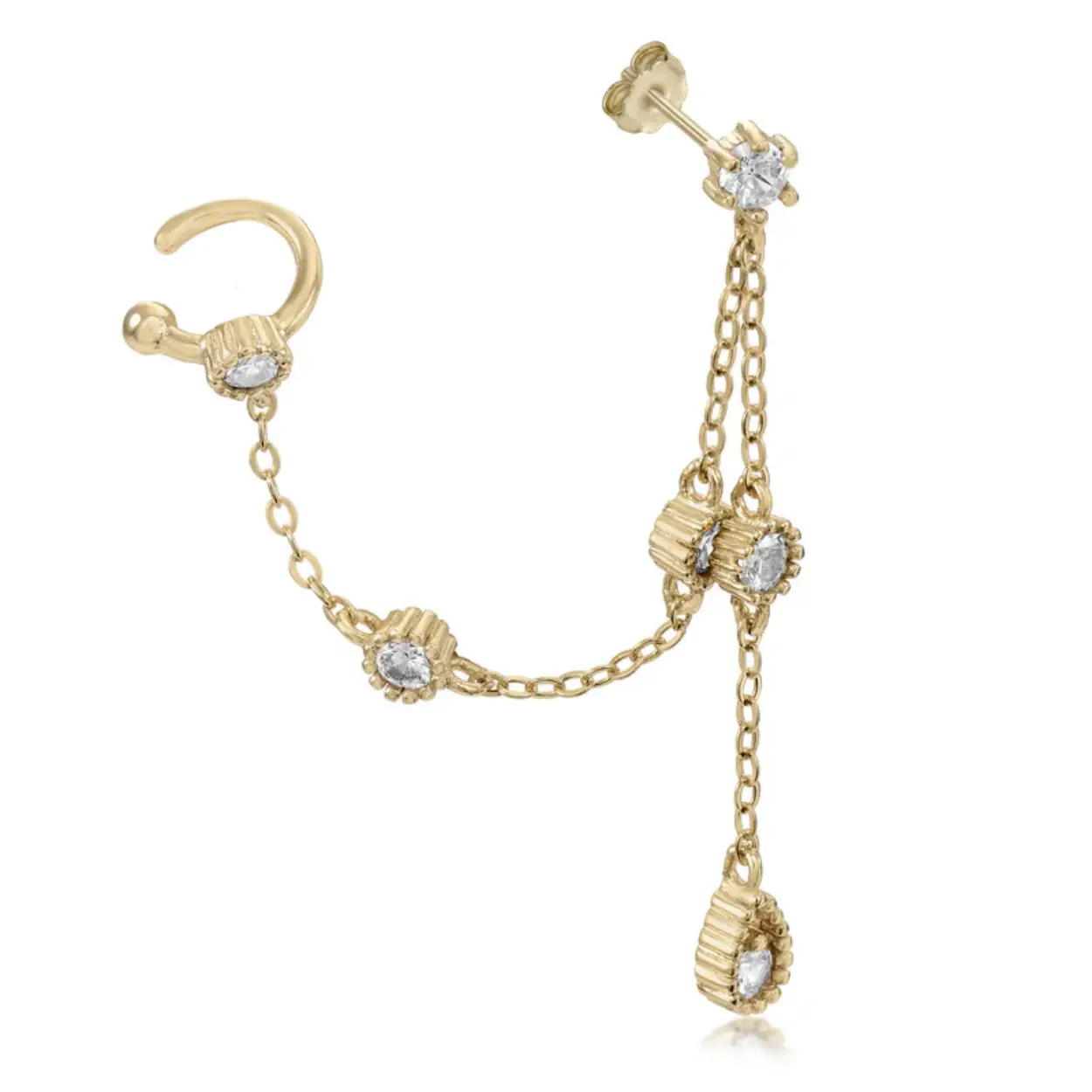 Gold plated silver piercing with hoop and chains with zirconia for women. An innovative design. Gold plated silver piercing formed by chains and white zirconia set.