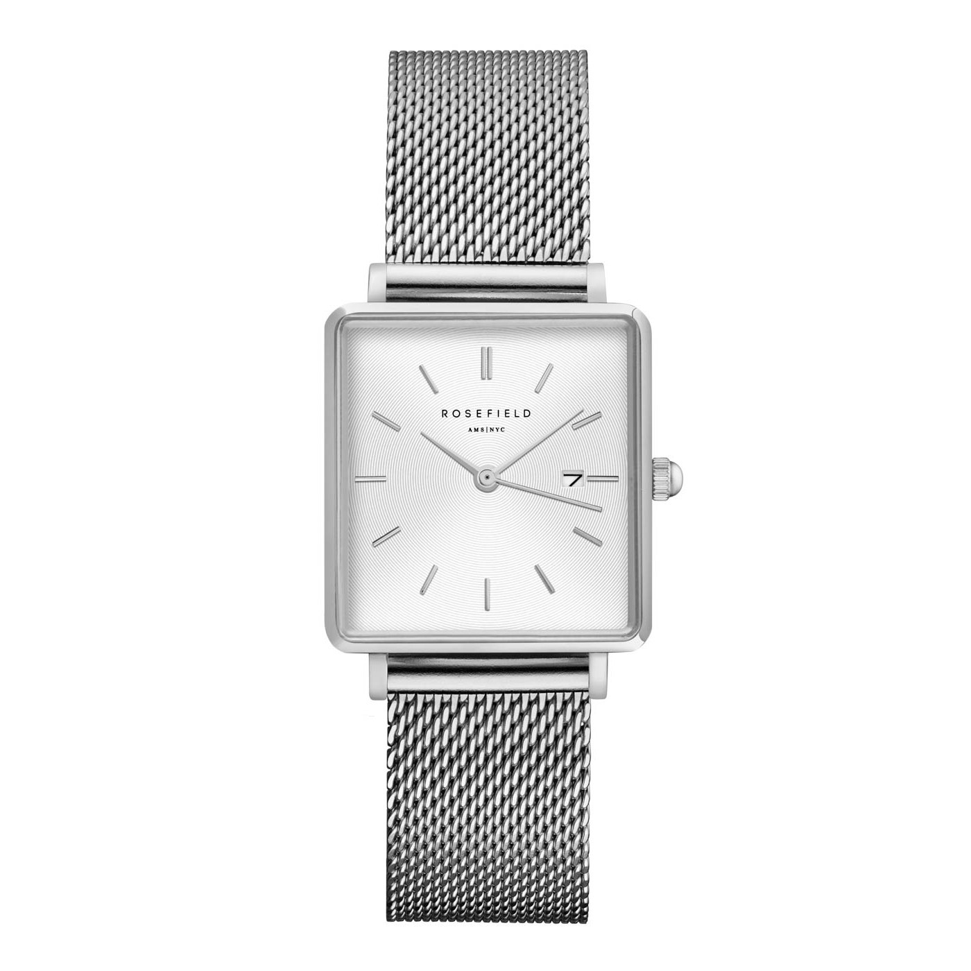De Rosefield Boxy Mesh QWSS-Q02 horloge is een stijlvol polshorloge met een vierkante kast van roestvrij staal en een zilverkleurige Milanees mesh band. Het beschikt over een analoge kwartsbeweging, datumfunctie en is waterbestendig tot niveau 3. Perfect voor dagelijks gebruik of formele gelegenheden. Draag het met zowel casual als zakelijke outfits voor een verfijnde look.