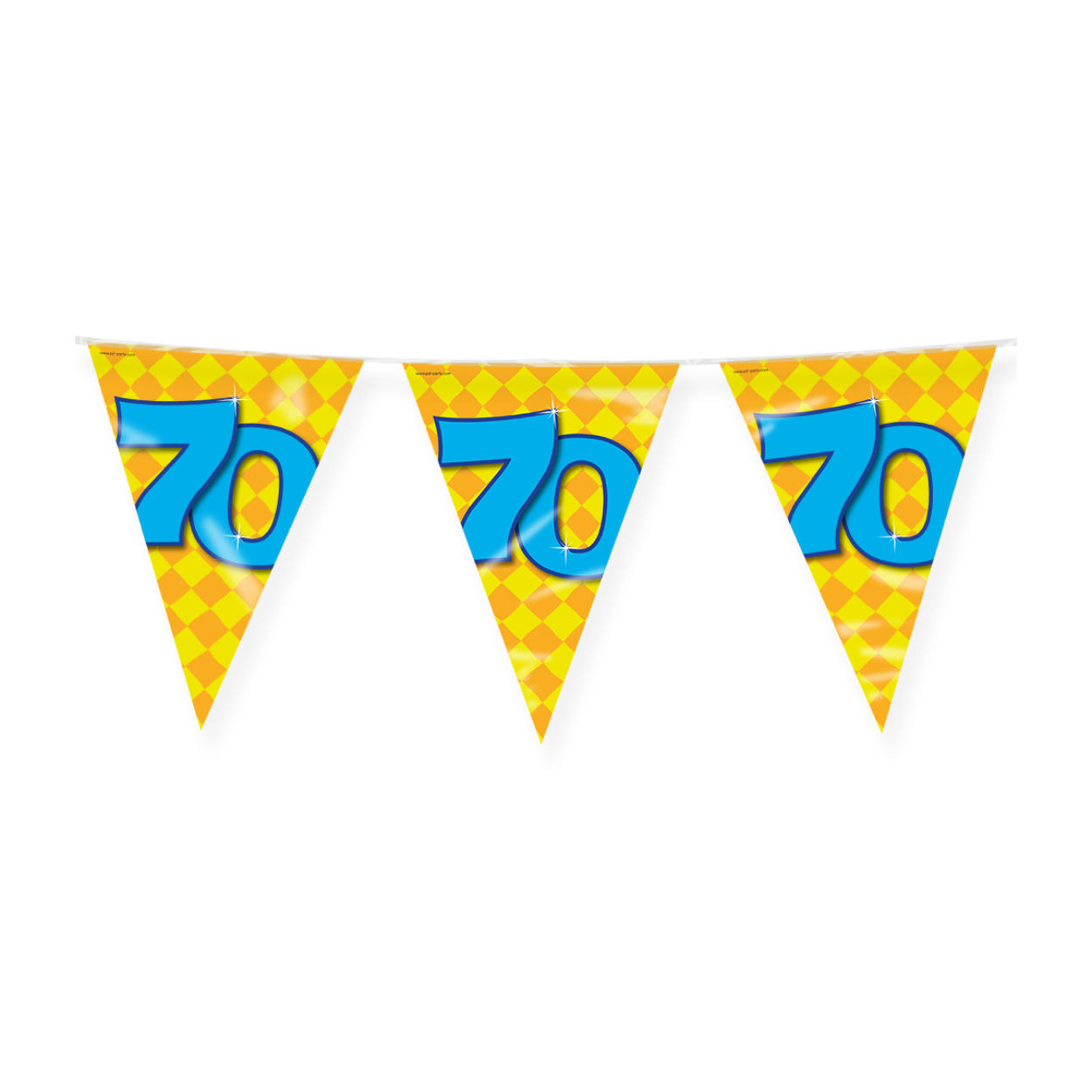 De Happy party flags 70 zijn de ideale versiering op de verjaardag van een 70-jarige. Door de vrolijke kleuren vallen deze party vlaggen dan ook extra goed op! De aan beide kanten bedrukte vlaggetjes zijn gemaakt van folie, hebben een lengte van 10 meter