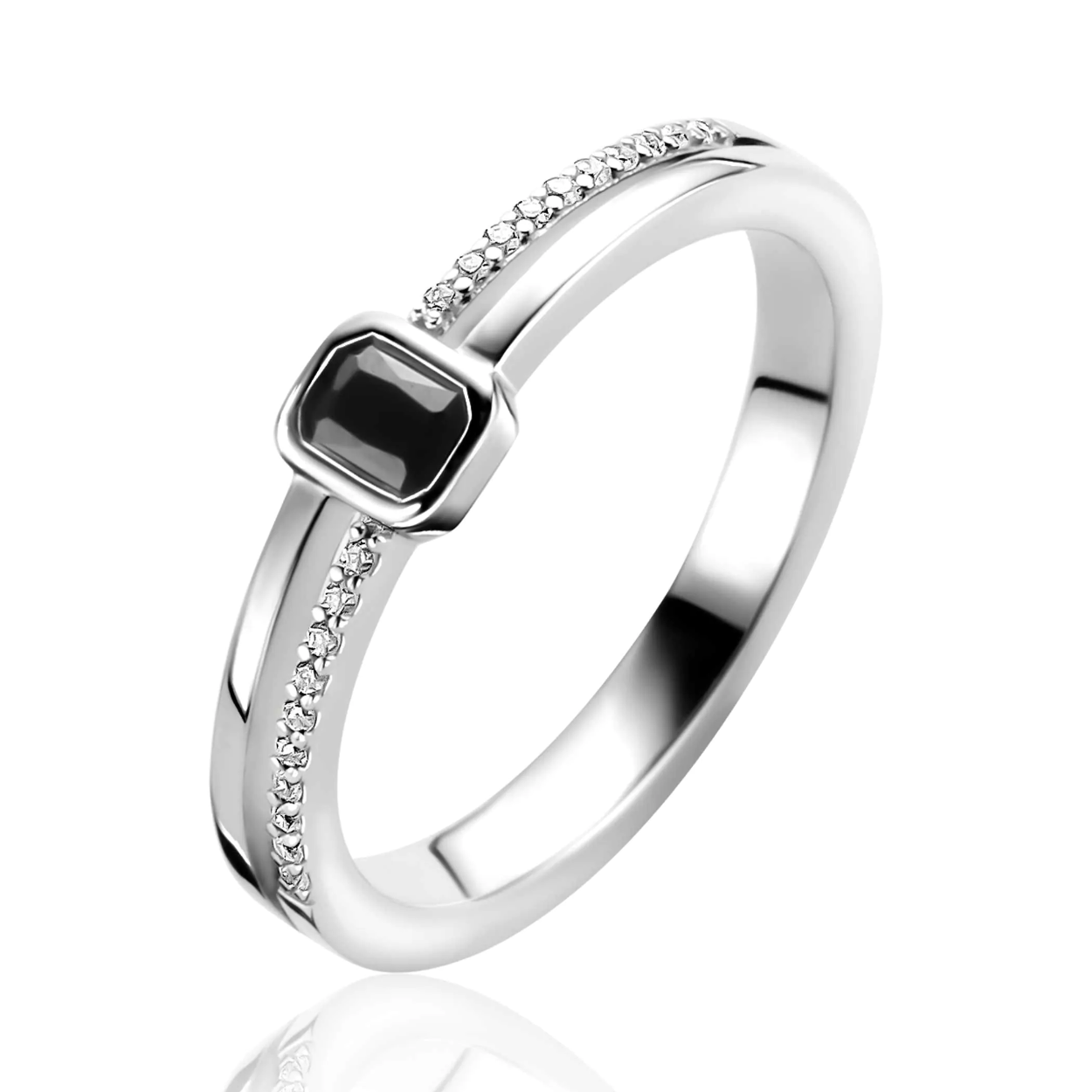 ZINZI zilveren multilook ring met rechthoekige kastzetting van 5mm en twee banen. Bezet met zwart/wit zirkonia ZIR2626Z56